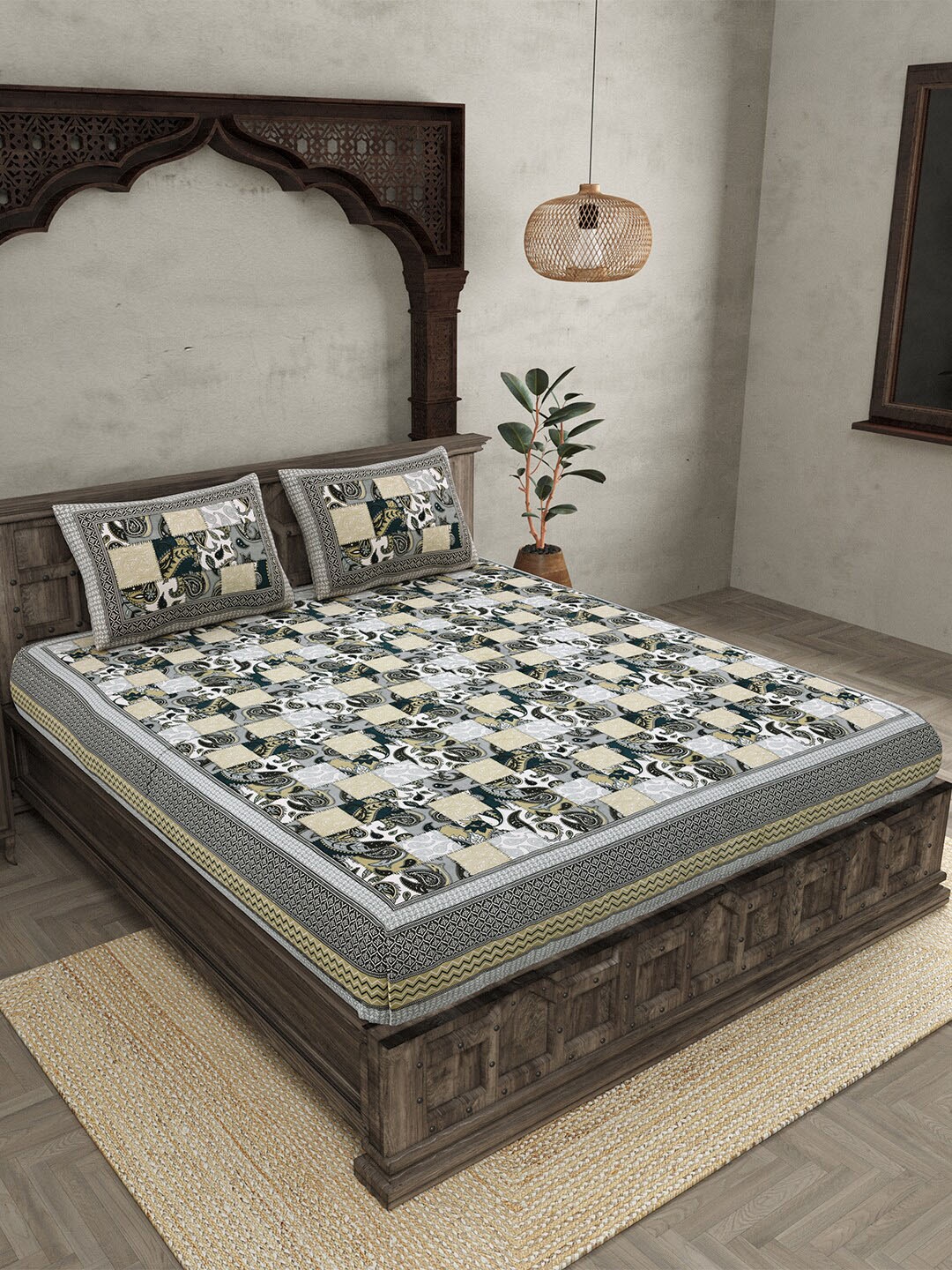 JAIPUR FABRIC Grey & Blue Ethnic Motifs Cotton 210 TC Queen Bedsheet with 2 Pillow Covers
JAIPUR FABRIC Grey & Blue Ethnic Motifs Cotton 210 TC Queen Bedsheet with 2 Pillow Covers
