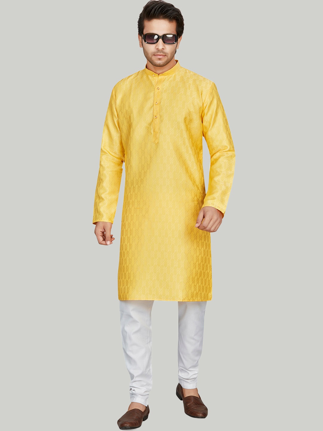 Authentics Ethnic Motifs Woven Design Band Collar Straight Kurta With Churidar, Yellow
Authentics Ethnic Motifs Woven Design Band Collar Straight Kurta With Churidar, Yellow