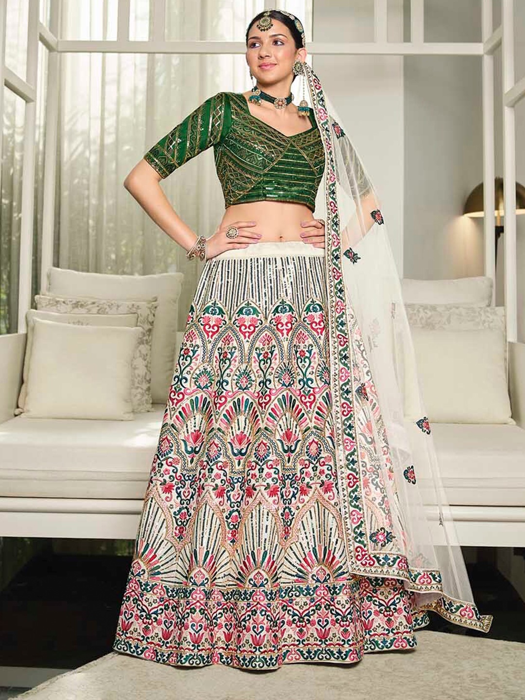 SHUBHKALA Embroidered Sequinned Semi-Stitched Lehenga & Unstitched Blouse With Dupatta, White
SHUBHKALA Embroidered Sequinned Semi-Stitched Lehenga & Unstitched Blouse With Dupatta, White