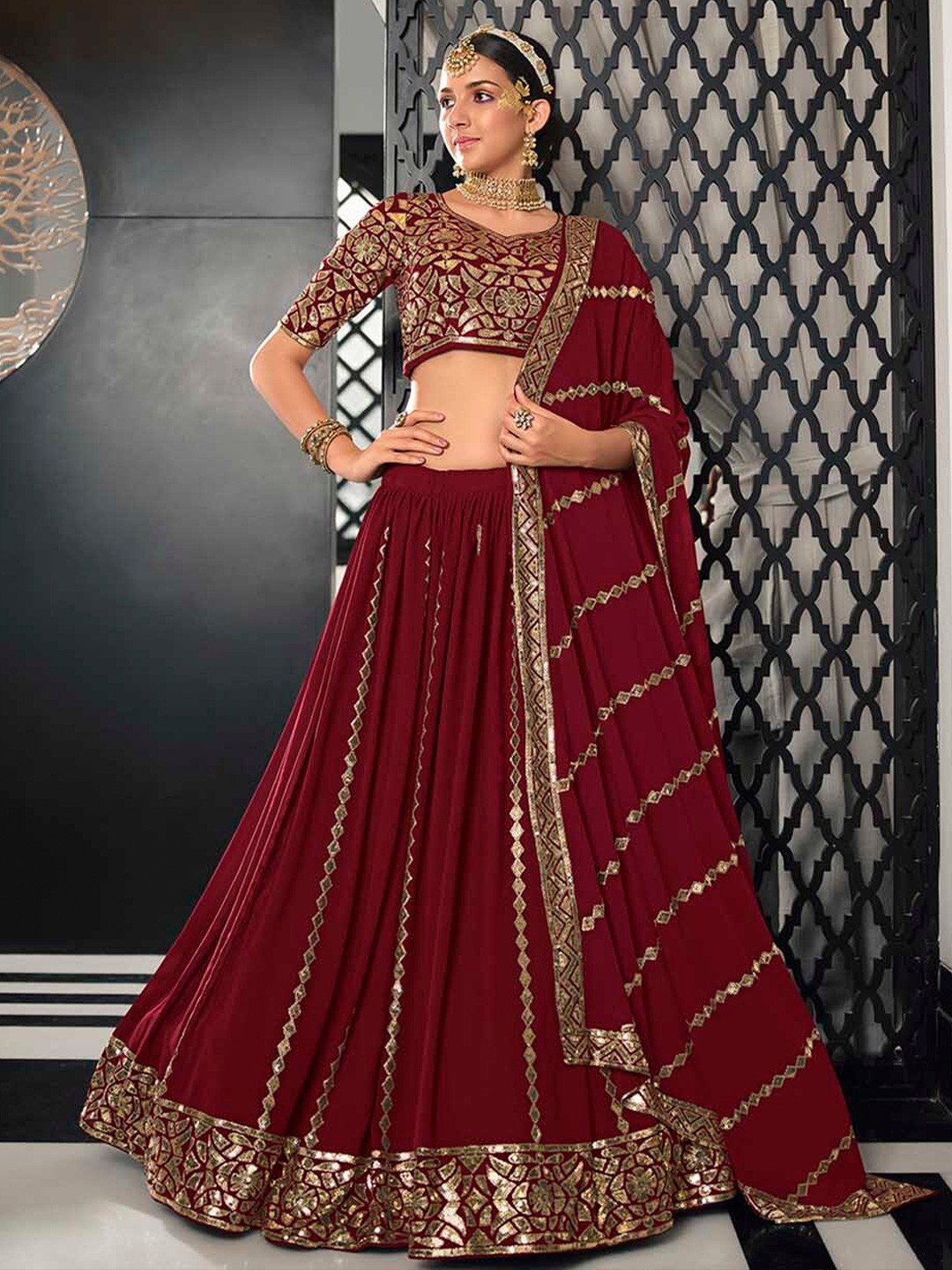 SHUBHKALA Embellished Sequinned Semi-Stitched Lehenga & Unstitched Blouse With Dupatta, Maroon
SHUBHKALA Embellished Sequinned Semi-Stitched Lehenga & Unstitched Blouse With Dupatta, Maroon