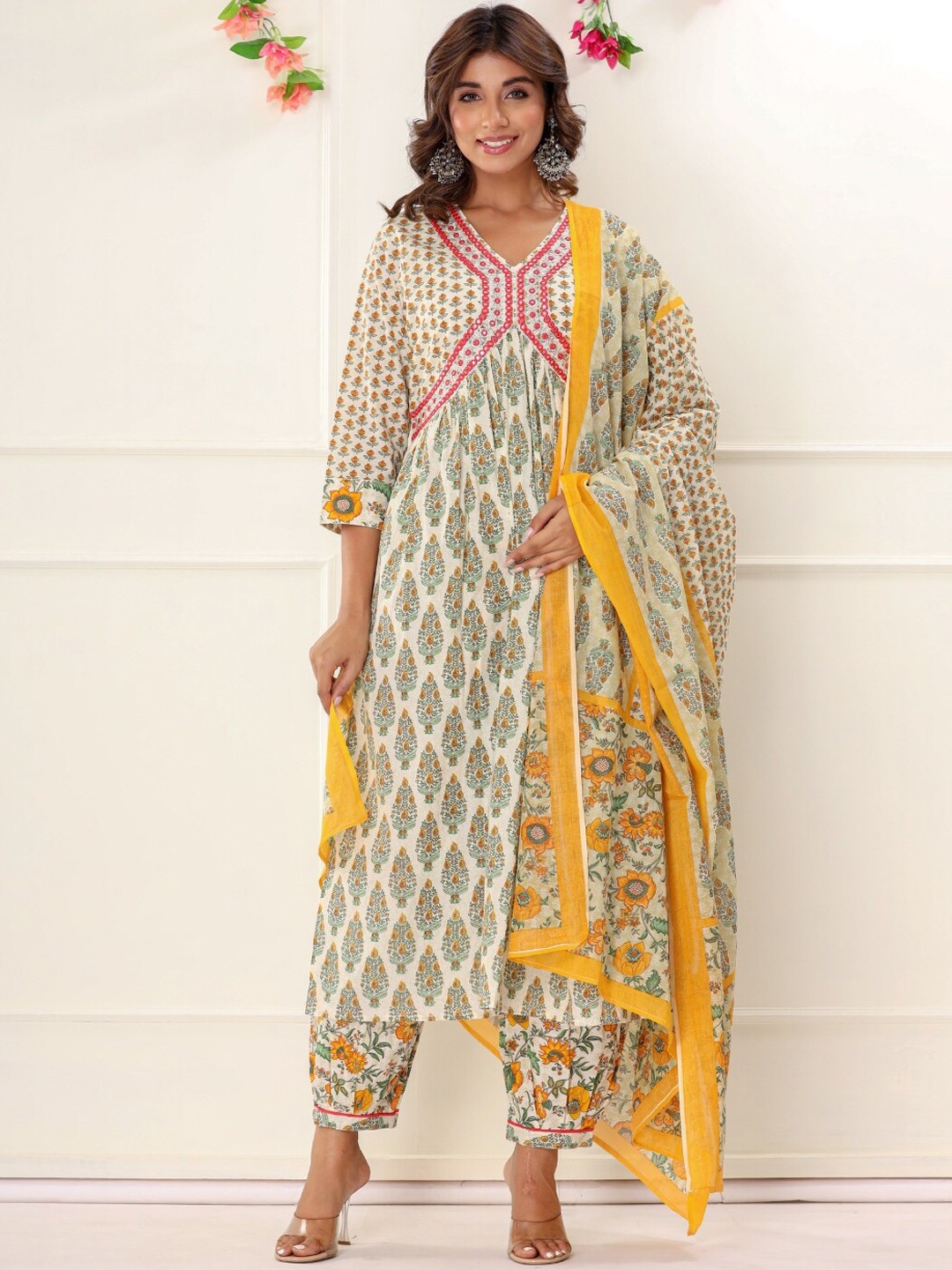 VEDANA Floral Printed Mirror Work Pure Cotton Anarkali Kurta with Trousers & With Dupatta, Yellow
VEDANA Floral Printed Mirror Work Pure Cotton Anarkali Kurta with Trousers & With Dupatta, Yellow
