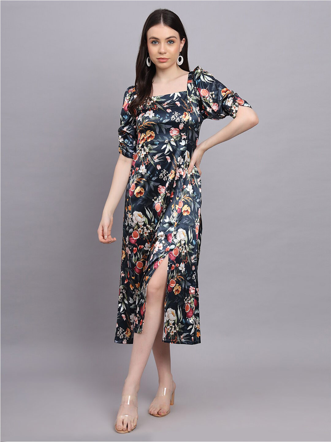 BAESD Floral Printed Square Neck Satin A-Line Midi Dress, Black 
BAESD Floral Printed Square Neck Satin A-Line Midi Dress, Black
