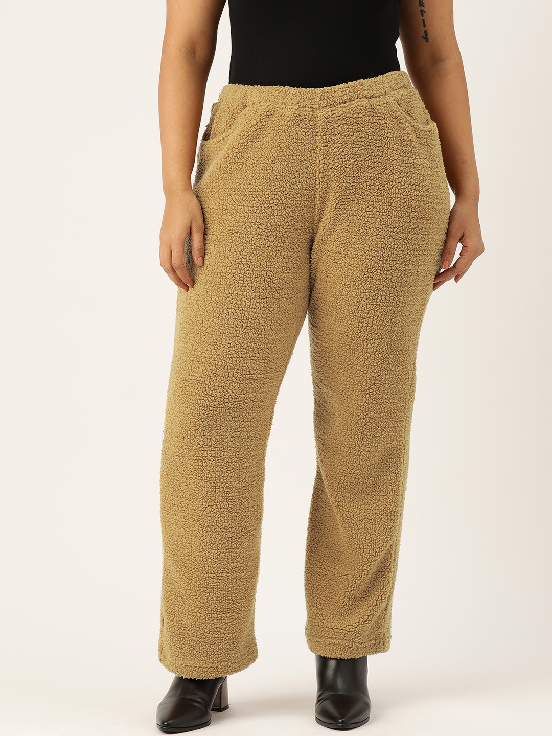 theRebelinme Women Plus Size Relaxed Solid Straight Fit High-Rise Trousers, Camel brown
theRebelinme Women Plus Size Relaxed Solid Straight Fit High-Rise Trousers, Camel brown