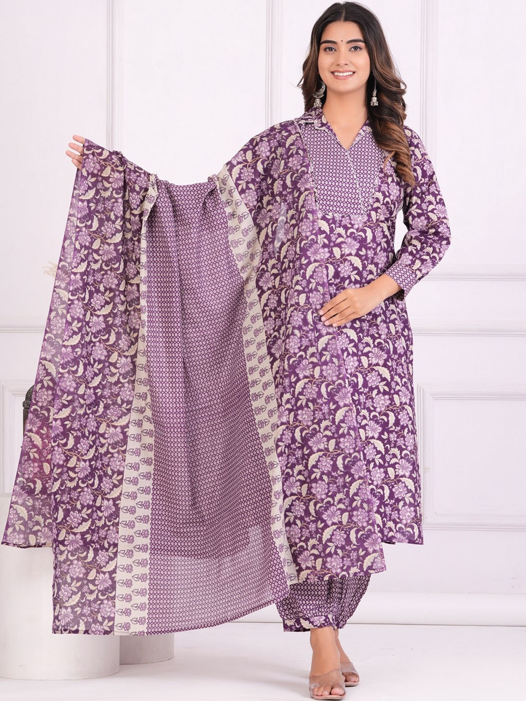 EtnicaWear Floral Printed Regular Shirt Collar Pure Cotton Kurta & Salwar With Dupatta, Purple
EtnicaWear Floral Printed Regular Shirt Collar Pure Cotton Kurta & Salwar With Dupatta, Purple