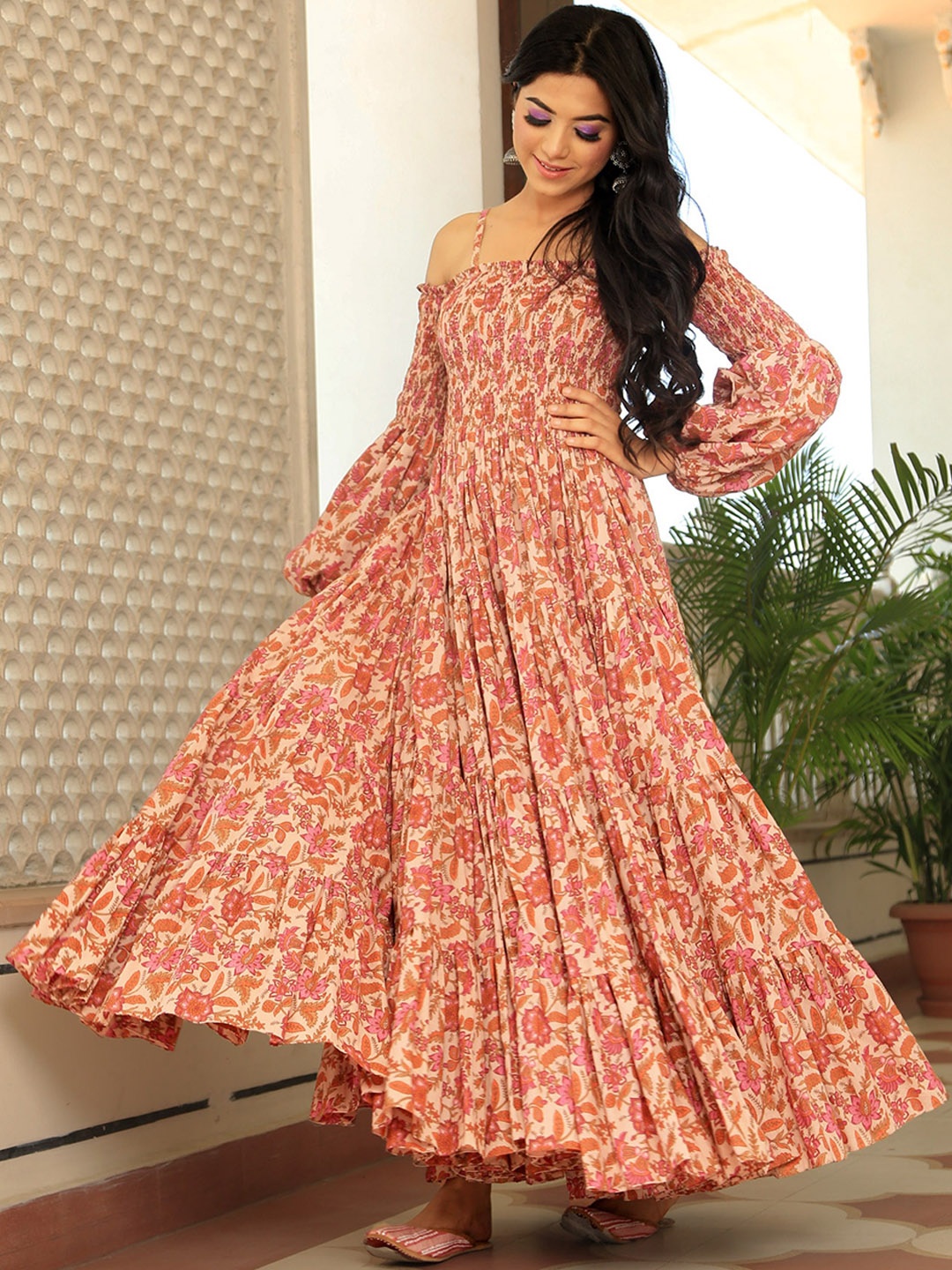 Indian Virasat Floral Printed Shoulder Straps Smocked Cotton Fit & Flare Maxi Ethnic Dress, Peach
Indian Virasat Floral Printed Shoulder Straps Smocked Cotton Fit & Flare Maxi Ethnic Dress, Peach