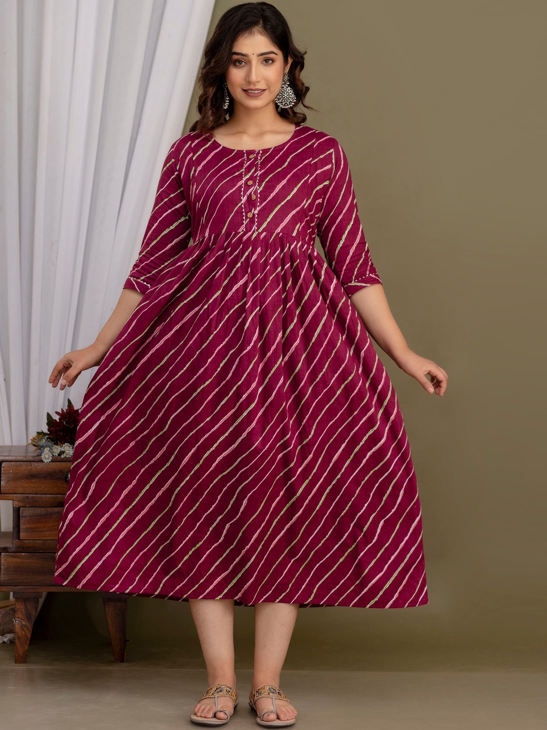 NITVAN Maternity Leheriya Printed Gotta Patti Cotton Fit & Flare Ethnic Dress, Maroon
