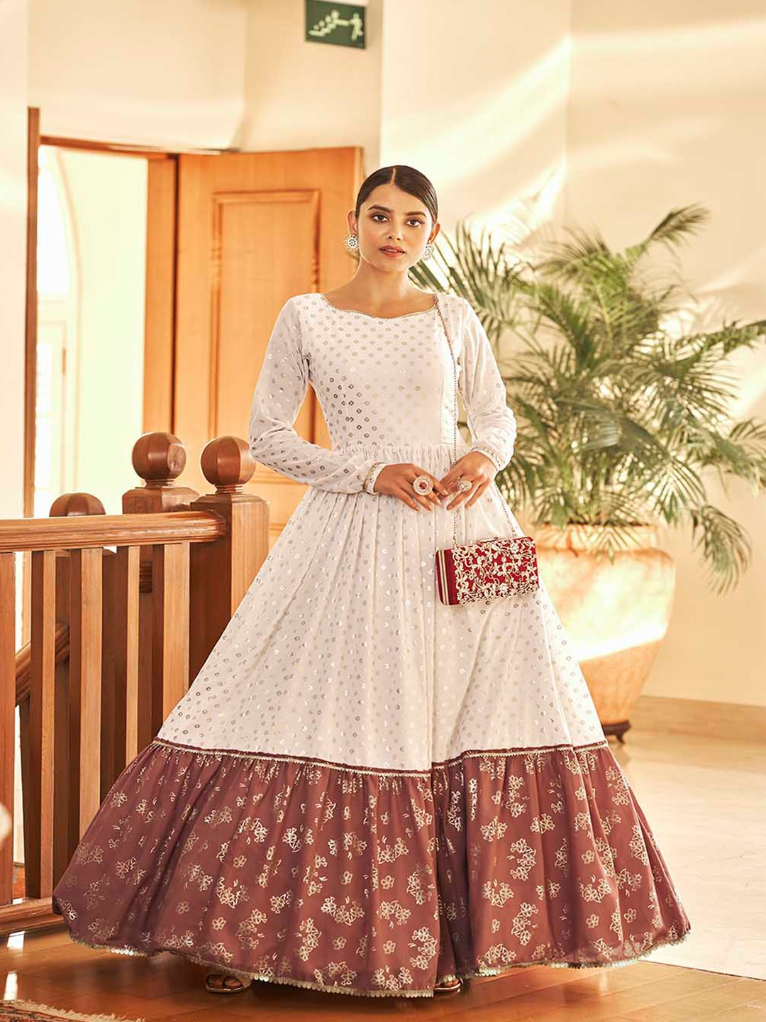 Mitera Ethnic Motifs Embellished Fit and Flare Ethnic Dress, White