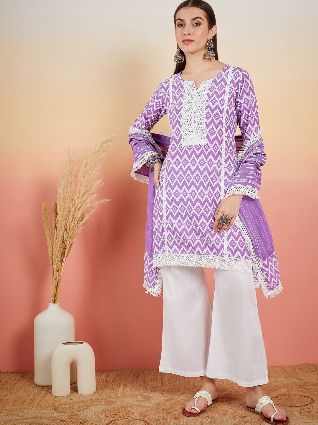 Sangria Purple Chevron Printed Thread Work Pure Cotton A-Line Kurta & Palazzo With Dupatta
Sangria Purple Chevron Printed Thread Work Pure Cotton A-Line Kurta & Palazzo With Dupatta