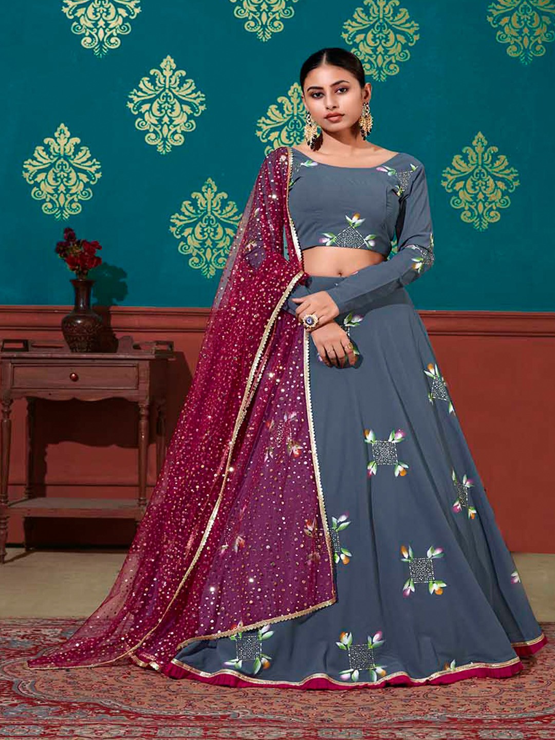 SHUBHKALA Ethnic Printed Beads Semi-Stitched Lehenga & Unstitched Blouse With Dupatta, Blue
SHUBHKALA Ethnic Printed Beads Semi-Stitched Lehenga & Unstitched Blouse With Dupatta, Blue