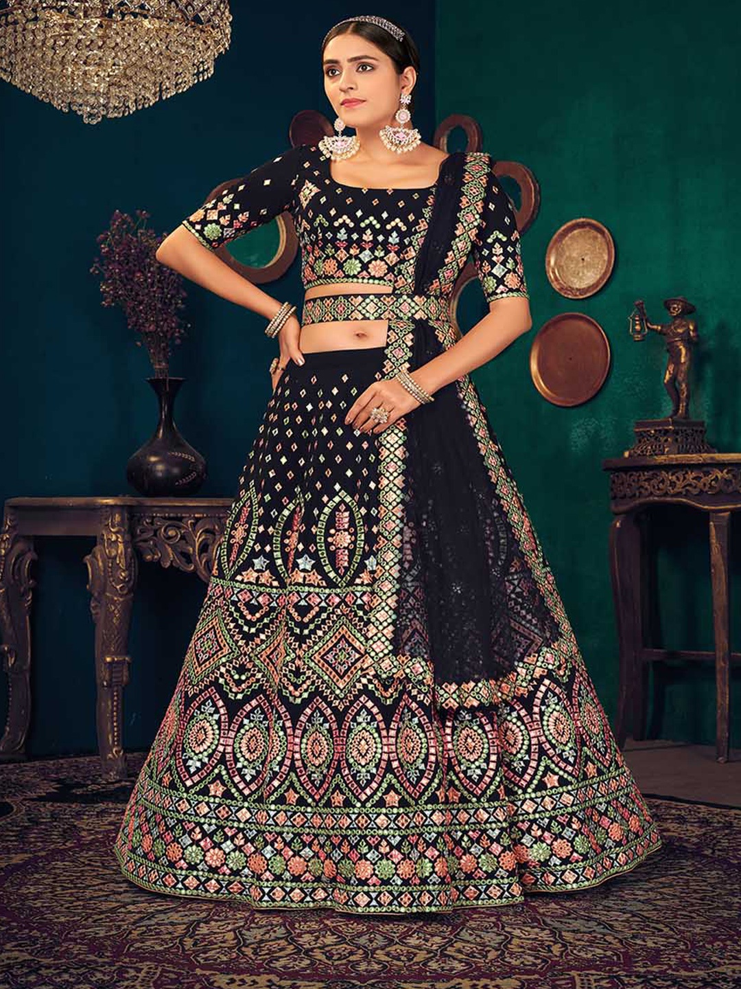 SHUBHKALA Embroidered Mirror Work Semi-Stitched Lehenga & Unstitched Blouse With Dupatta, Navy blue
SHUBHKALA Embroidered Mirror Work Semi-Stitched Lehenga & Unstitched Blouse With Dupatta, Navy blue