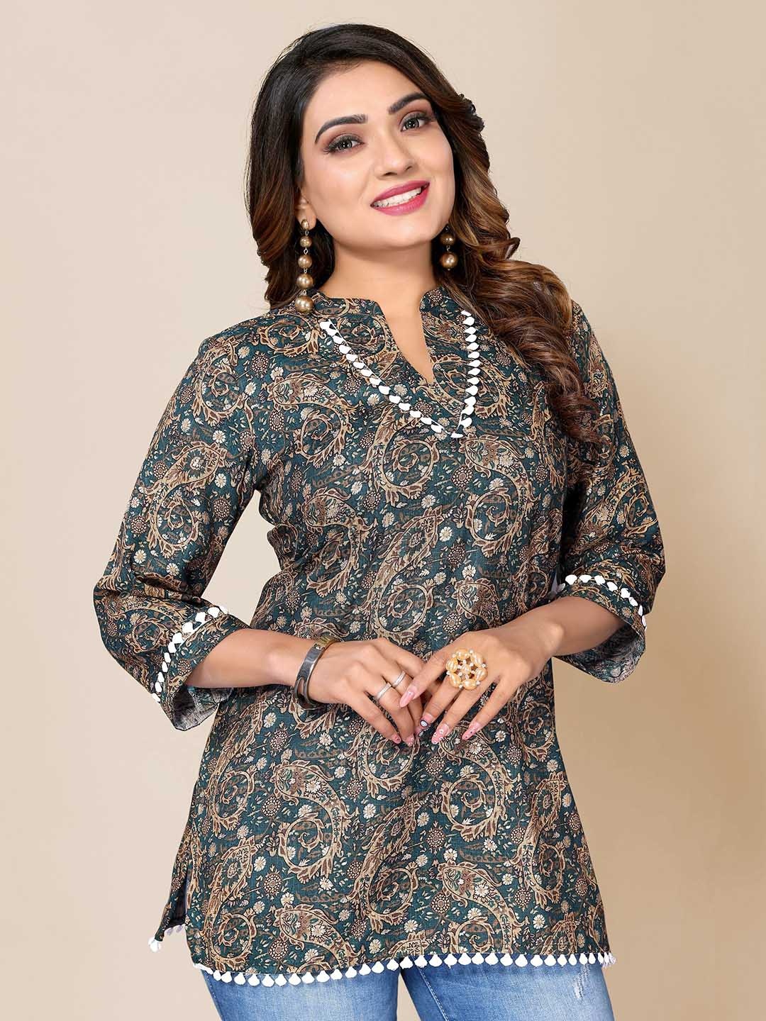 TITANIUM SILK INDUSTRIES PVT. LTD. Ethnic Motifs Printed Mandarin Collar Lace-Up Top, Green
TITANIUM SILK INDUSTRIES PVT. LTD. Ethnic Motifs Printed Mandarin Collar Lace-Up Top, Green