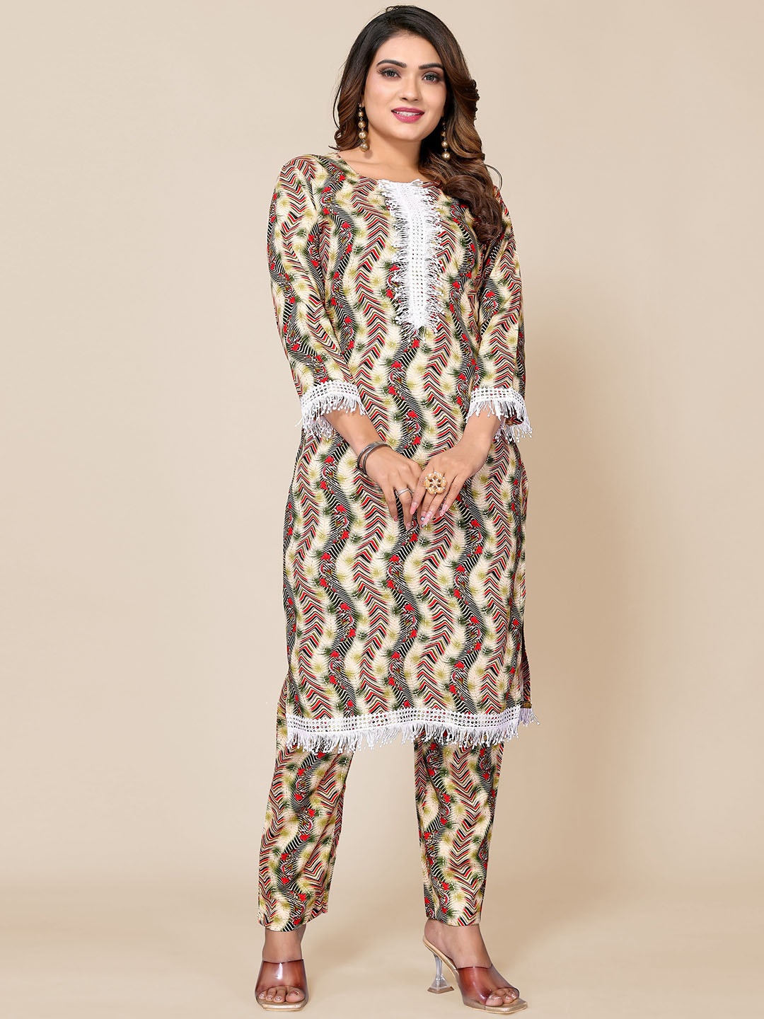 TITANIUM SILK INDUSTRIES PVT. LTD. Floral Printed Thread Work Straight Kurta With Trousers, Beige
TITANIUM SILK INDUSTRIES PVT. LTD. Floral Printed Thread Work Straight Kurta With Trousers, Beige