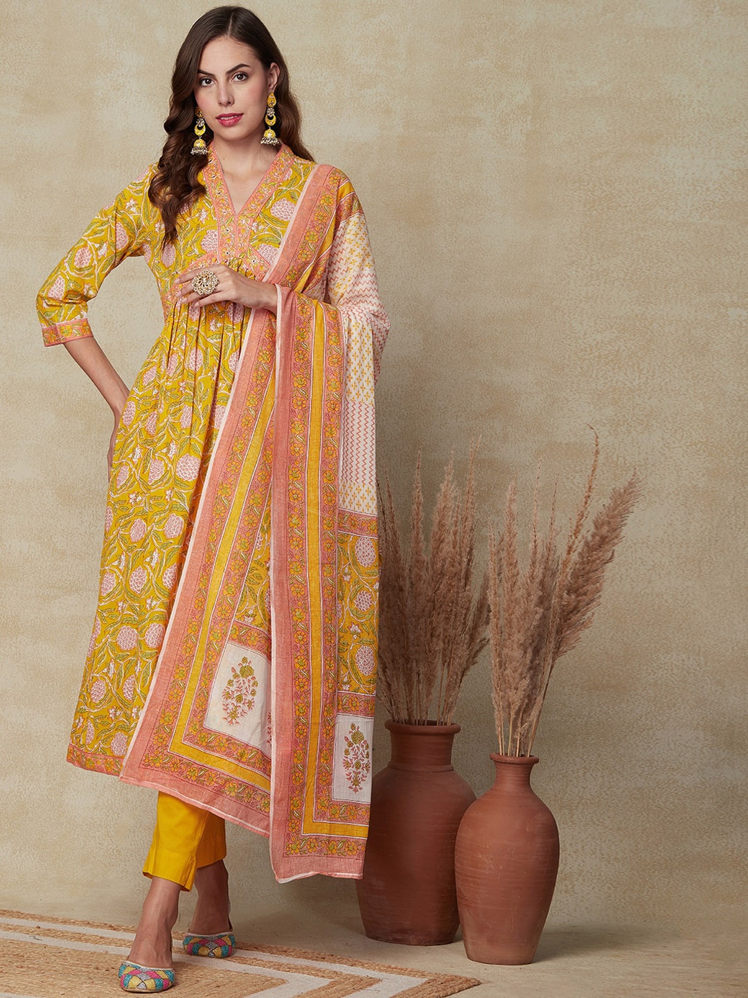 FASHOR Floral Printed Mirror Work Pure Cotton A-Line Kurta with Trousers & Dupatta, Mustard
FASHOR Floral Printed Mirror Work Pure Cotton A-Line Kurta with Trousers & Dupatta, Mustard