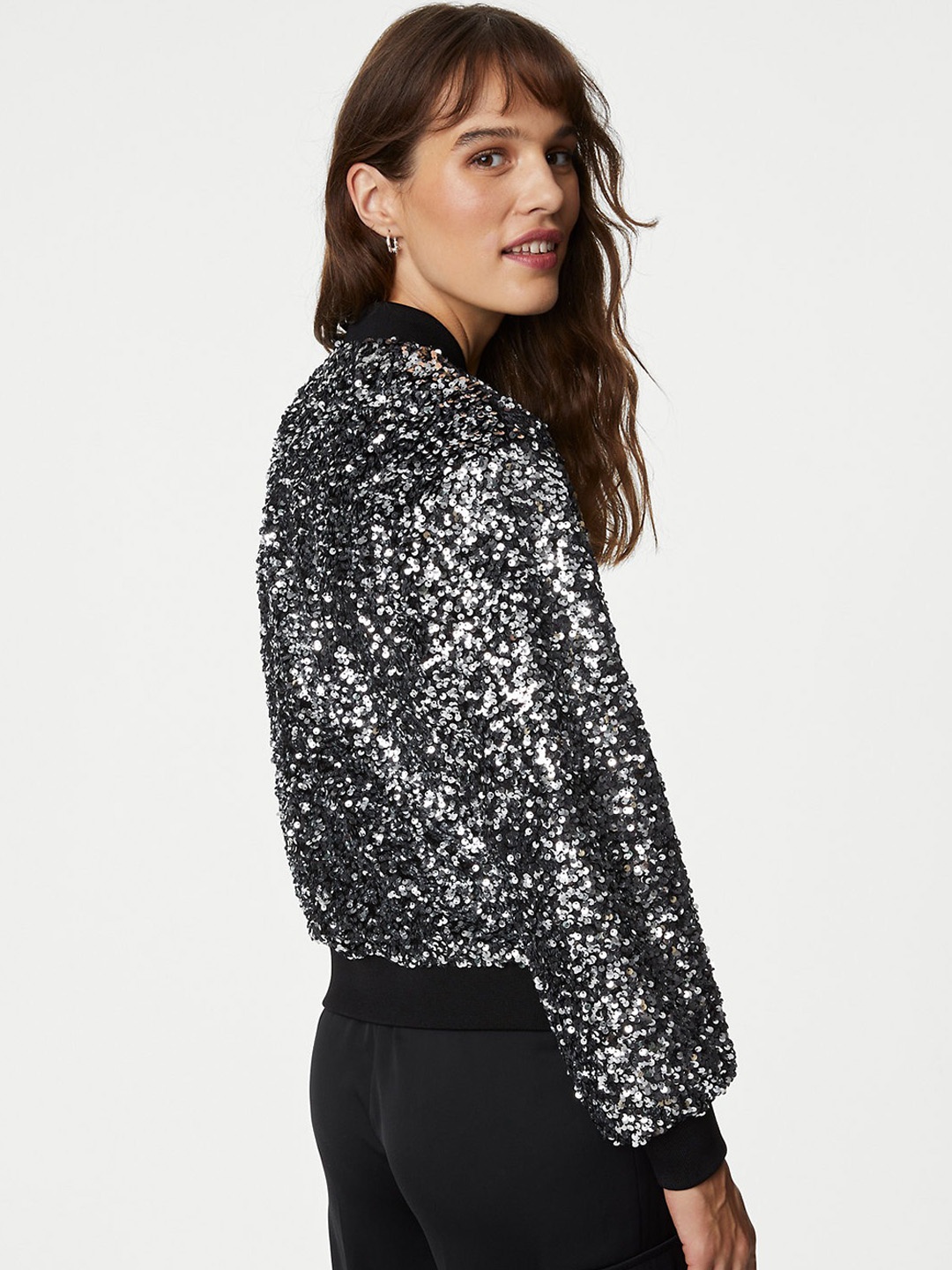 Marks & Spencer Sequinned Crop Bomber Jacket, Silver