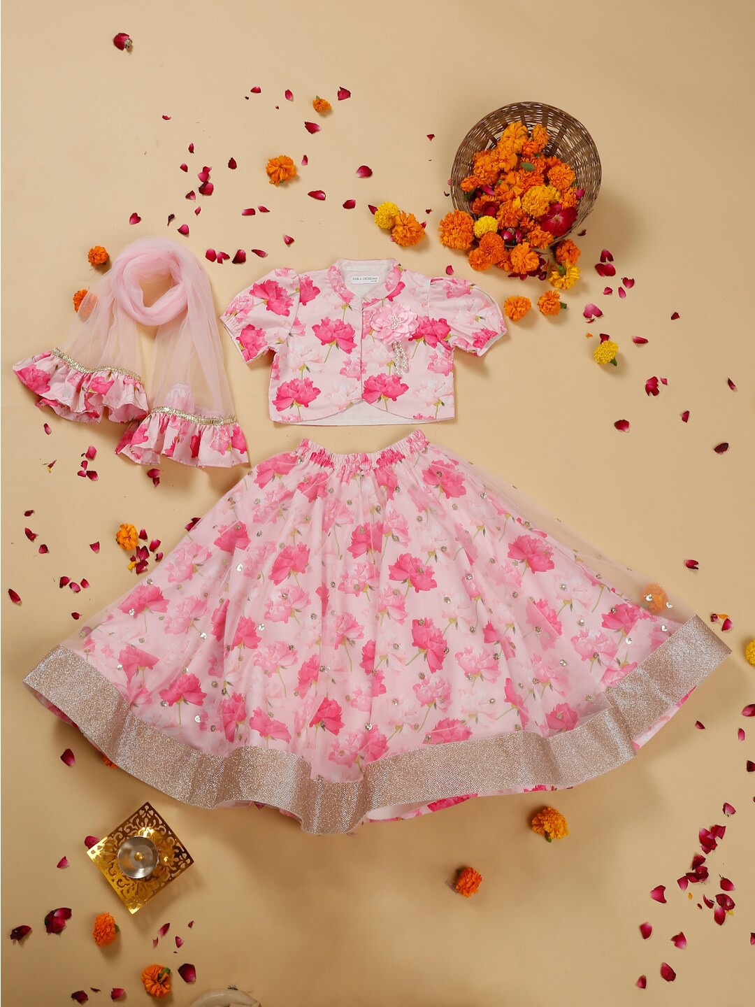 SAKA DESIGNS Girls Floral Printed Satin Ready to Wear Lehenga & Blouse With Dupatta, Pink
SAKA DESIGNS Girls Floral Printed Satin Ready to Wear Lehenga & Blouse With Dupatta, Pink