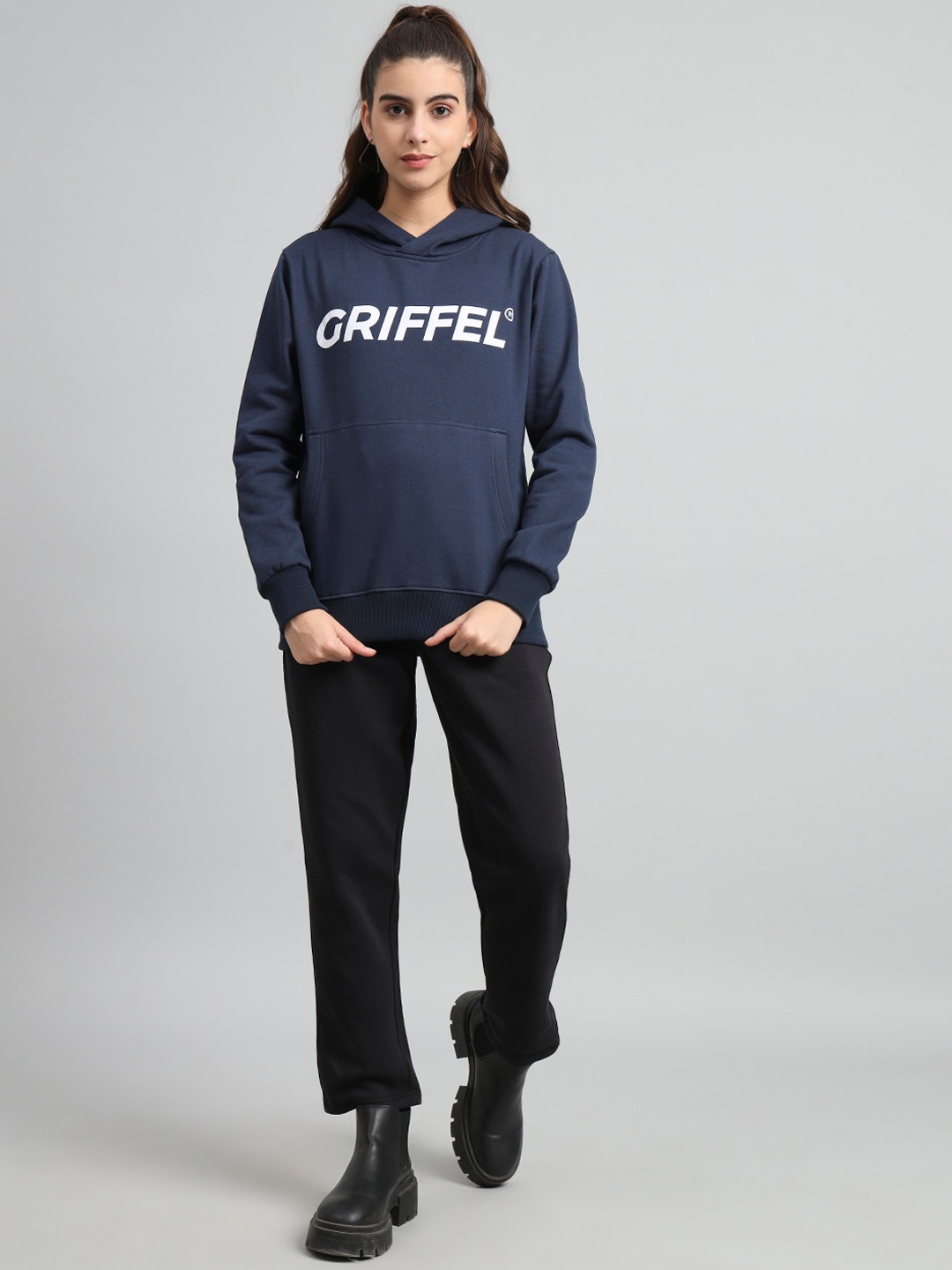 GRIFFEL Typography Printed Hooded Neck Fleece Sweatshirt With Track Pants, Navy blue
GRIFFEL Typography Printed Hooded Neck Fleece Sweatshirt With Track Pants, Navy blue