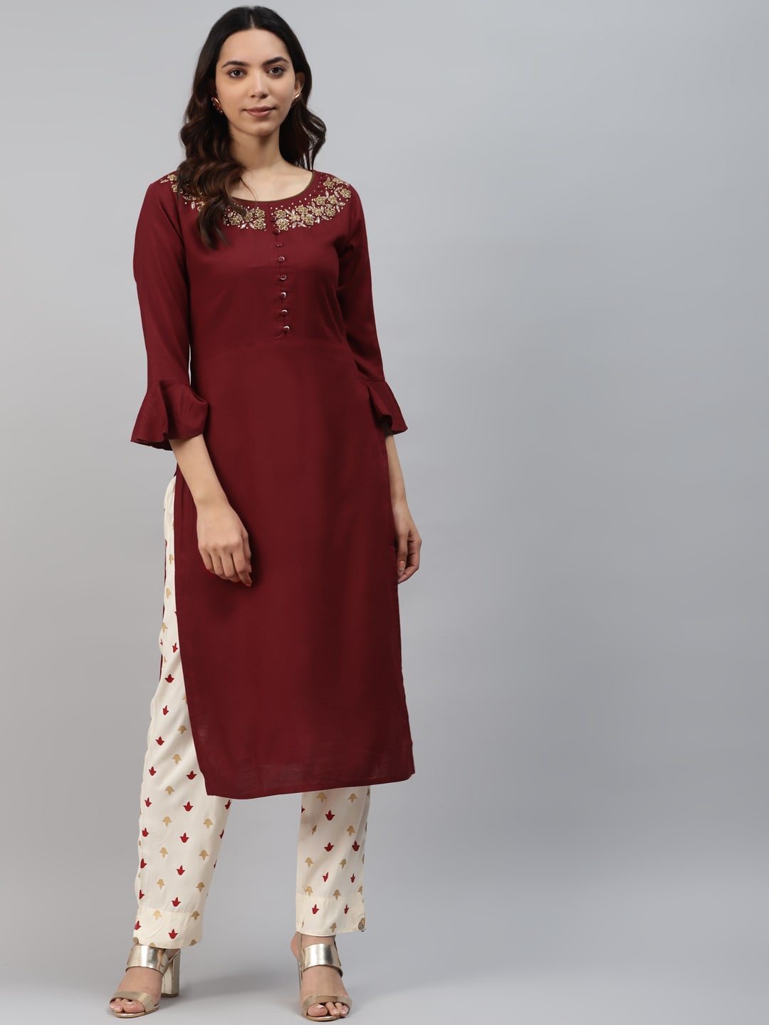 JC4U Floral Embellished Thread Work Kurta, Maroon
