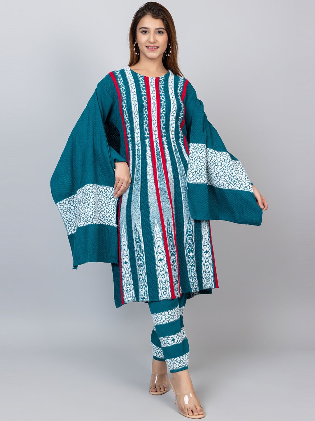 TYSORT Striped Regular Thread Work Kurta With Trousers & Stole, Pink