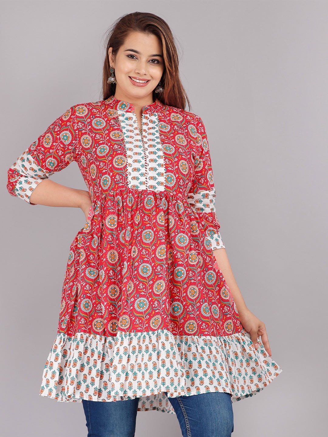 JC4U Ethnic Motifs Printed Mandarin Collar Gotta Patti Pure Cotton Pleated A-Line Kurti, Red
JC4U Ethnic Motifs Printed Mandarin Collar Gotta Patti Pure Cotton Pleated A-Line Kurti, Red