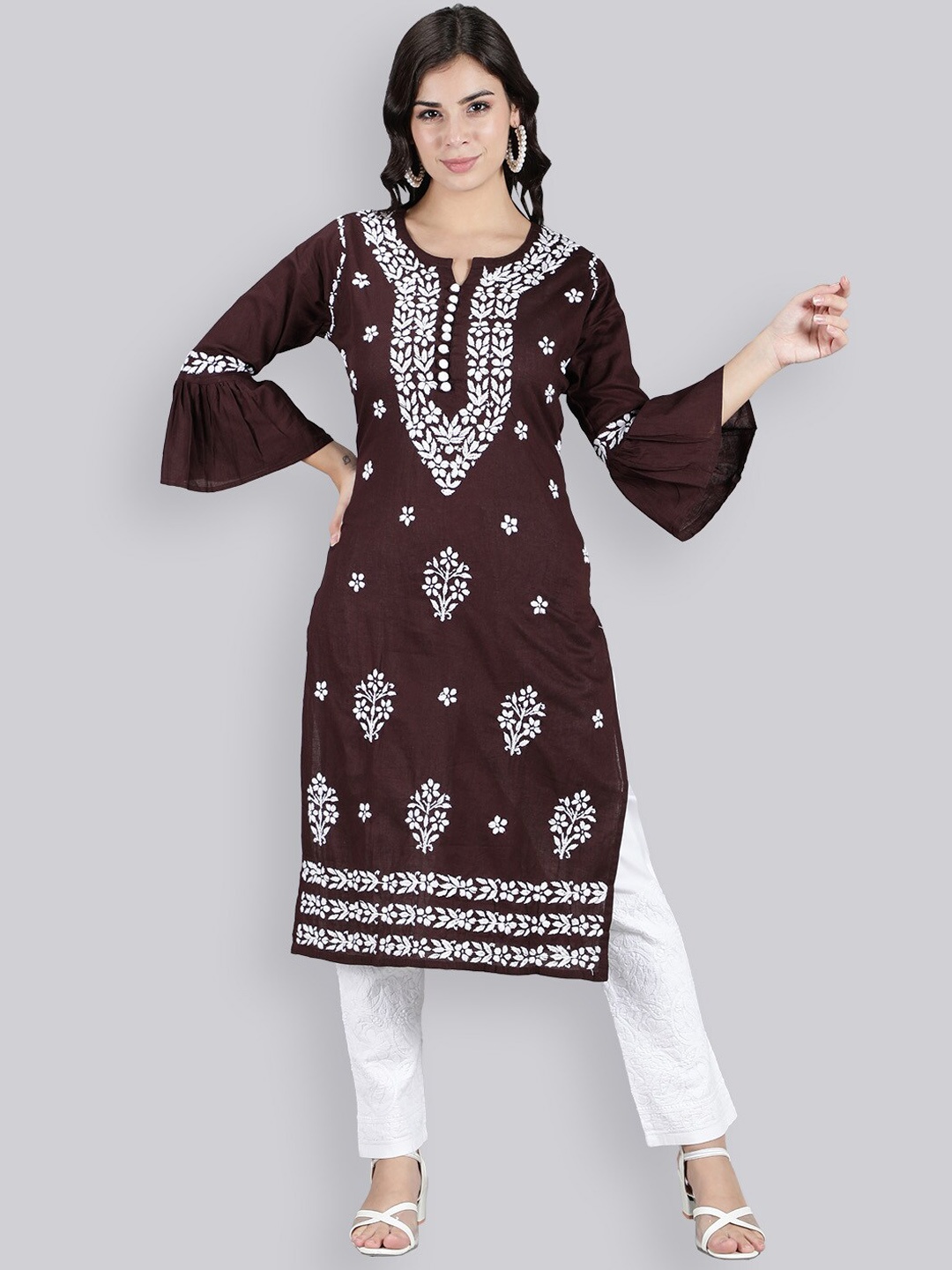 Seva Chikan Ethnic Motifs Embroidered Bell Sleeves Lucknowi Chikankari Kurta With Trousers, Brown
Seva Chikan Ethnic Motifs Embroidered Bell Sleeves Lucknowi Chikankari Kurta With Trousers, Brown
