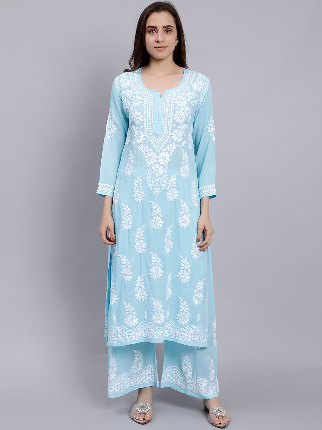 Seva Chikan Ethnic Motifs Embroidered Lucknowi Chikankari Straight Kurta With Palazzos, Turquoise blue
Seva Chikan Ethnic Motifs Embroidered Lucknowi Chikankari Straight Kurta With Palazzos, Turquoise blue