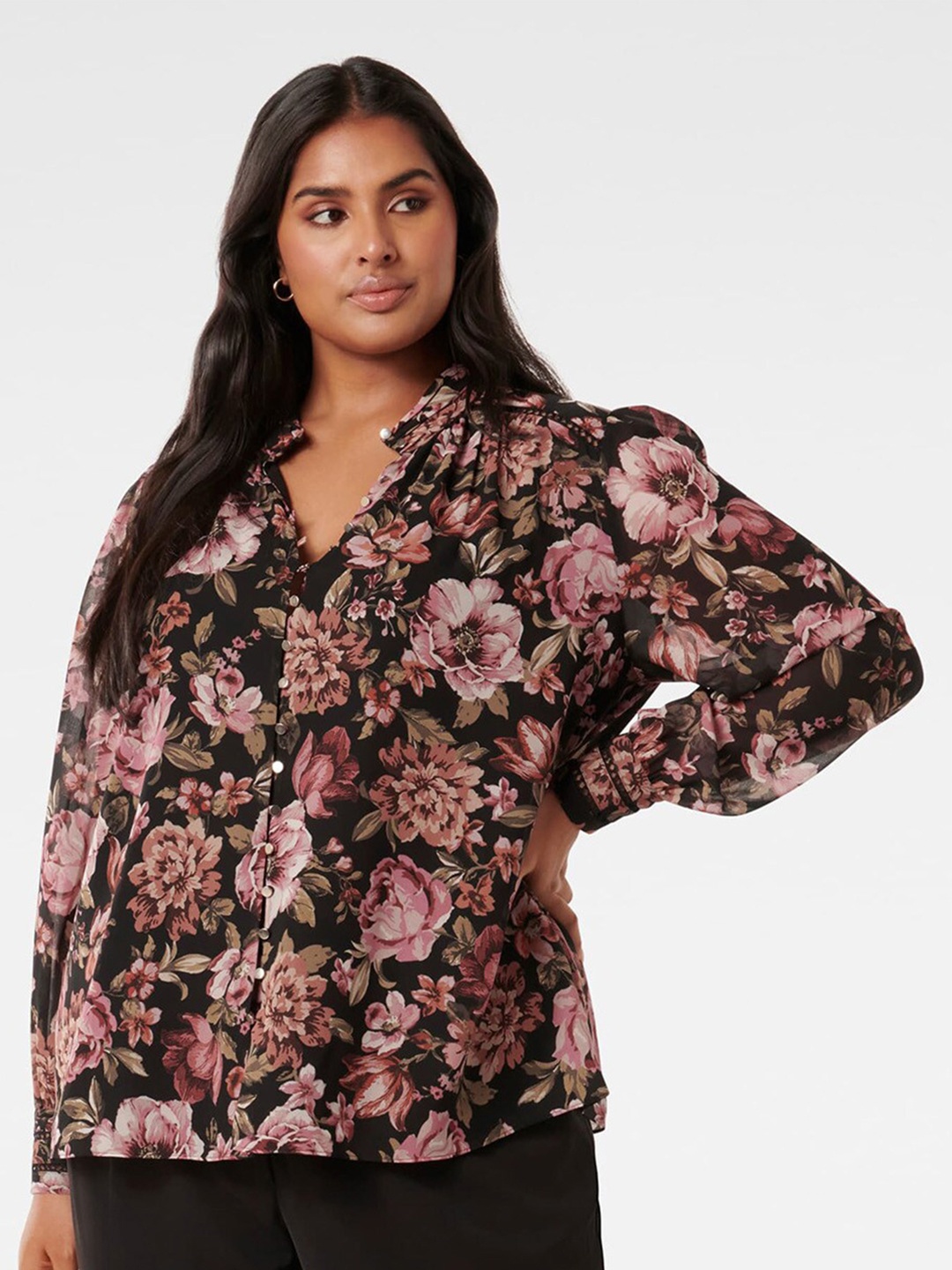 Forever New Plus Size Floral Printed Mandarin Collar Shirt Style Top, Black