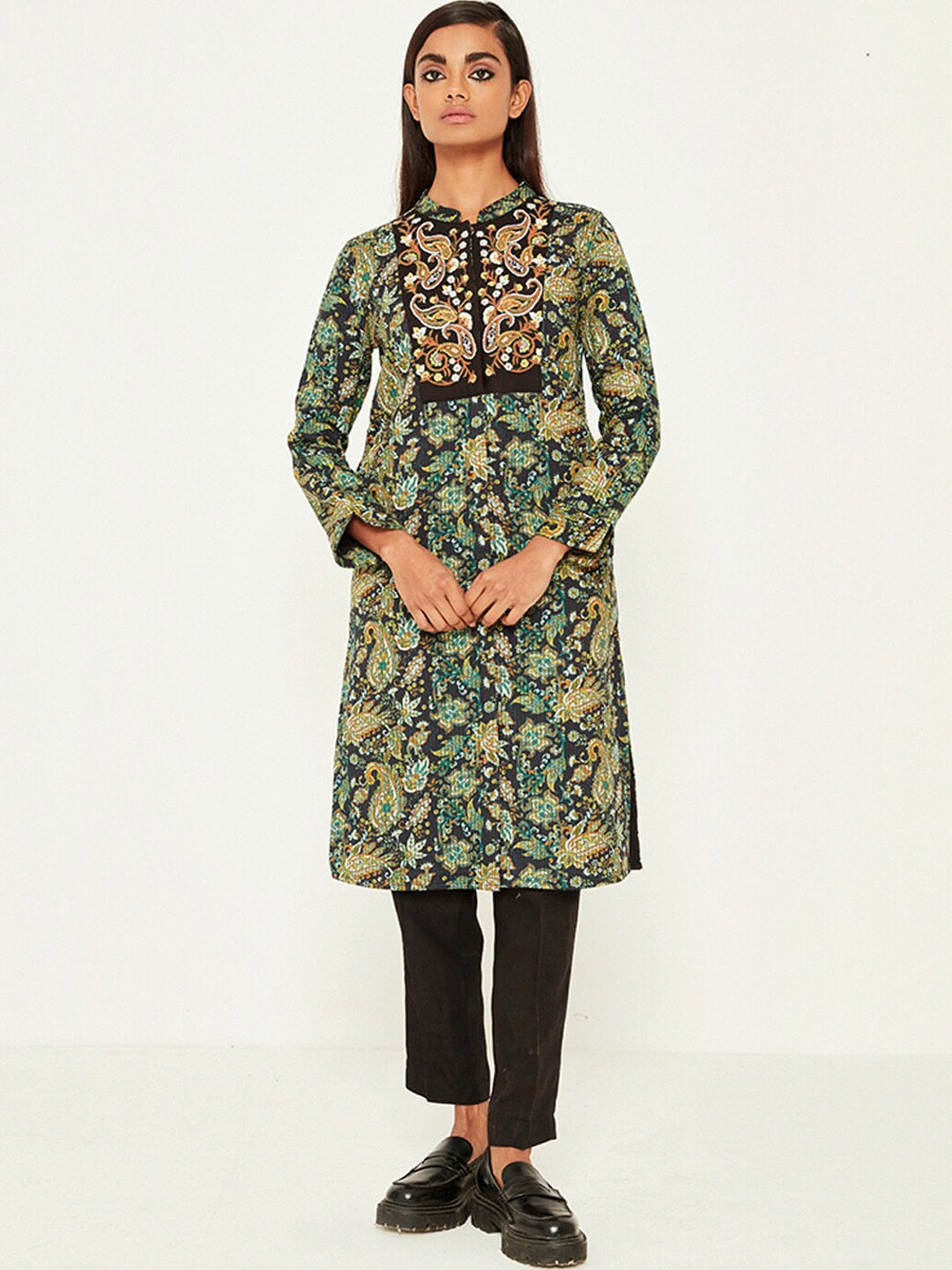 Ancestry Paisley Printed Mandarin Collar Long Sleeve Cotton Straight Kurta, Green