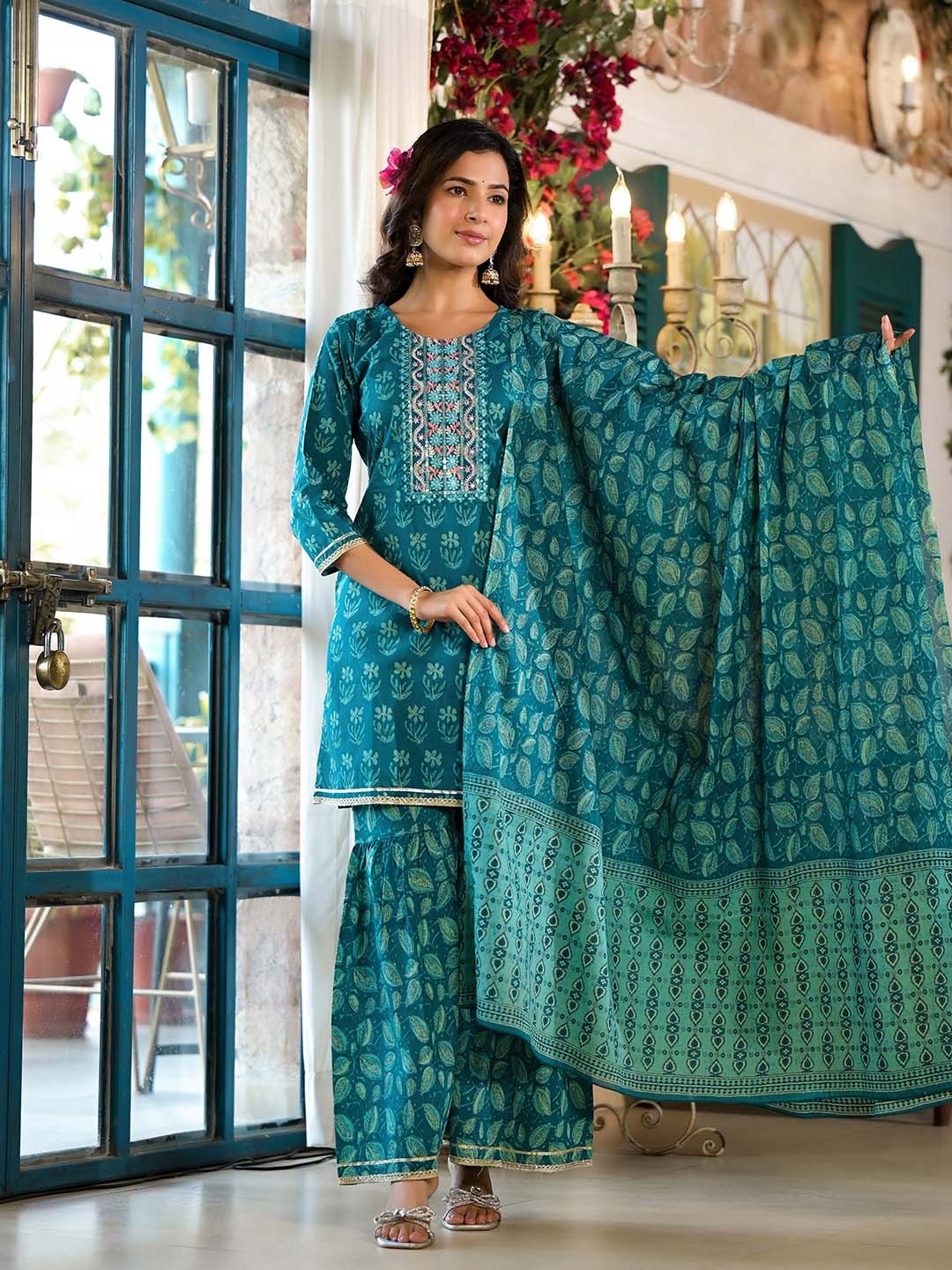 Yufta Floral Printed Regular Thread Work Pure Cotton Kurta With Sharara & Dupatta, Teal
Yufta Floral Printed Regular Thread Work Pure Cotton Kurta With Sharara & Dupatta, Teal