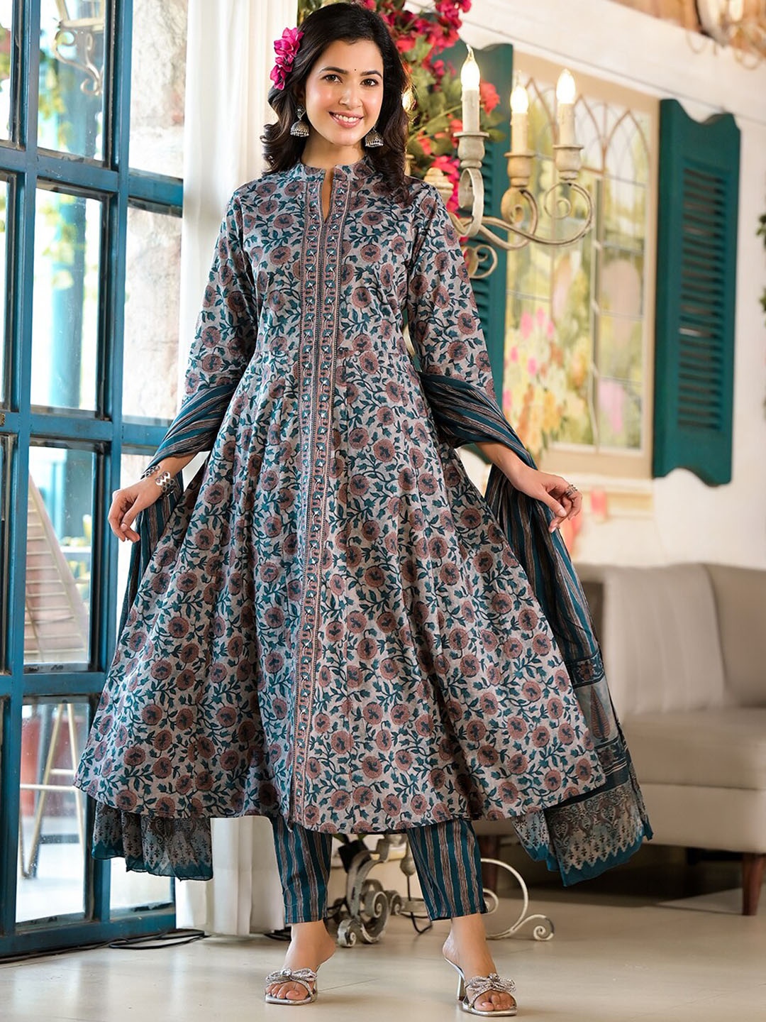 Yufta Floral Printed Mandarin Collar Regular Pure Cotton Kurta & Trousers With Dupatta, Teal
Yufta Floral Printed Mandarin Collar Regular Pure Cotton Kurta & Trousers With Dupatta, Teal