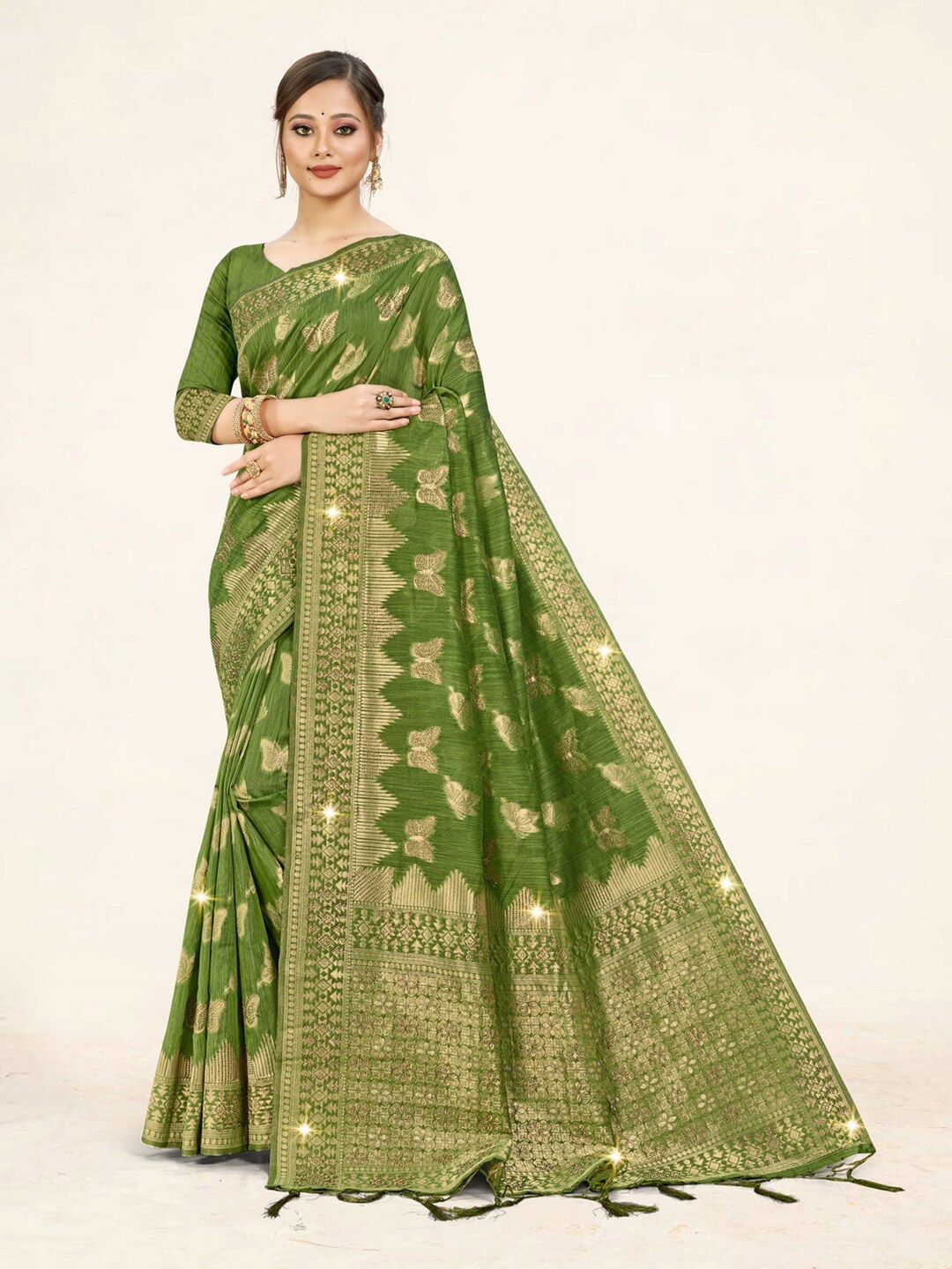Mitera Woven Design Zari Saree, Green