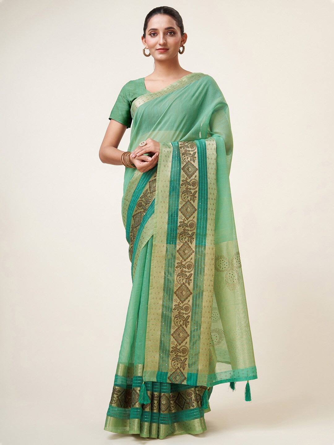 Mitera Sea Green & Gold-Toned Zari Organza Saree