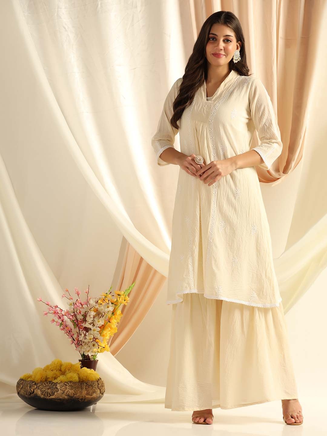 SHADES OF FAASHION Floral Embroidered Regular Chikankari Pure Cotton A-Line Kurta with Sharara, Cream
SHADES OF FAASHION Floral Embroidered Regular Chikankari Pure Cotton A-Line Kurta with Sharara, Cream