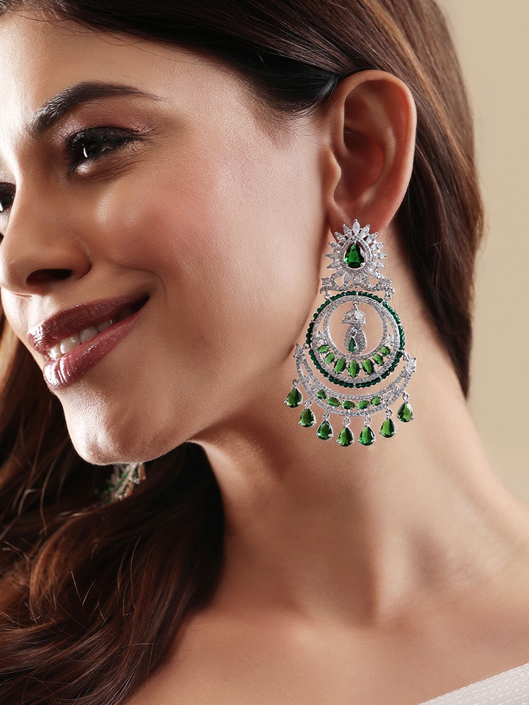 Rubans Premium Rhodium Plated AAA Cubic Zirconia & Emerald Studded Chandelier Earrings, Silver
Rubans Premium Rhodium Plated AAA Cubic Zirconia & Emerald Studded Chandelier Earrings, Silver