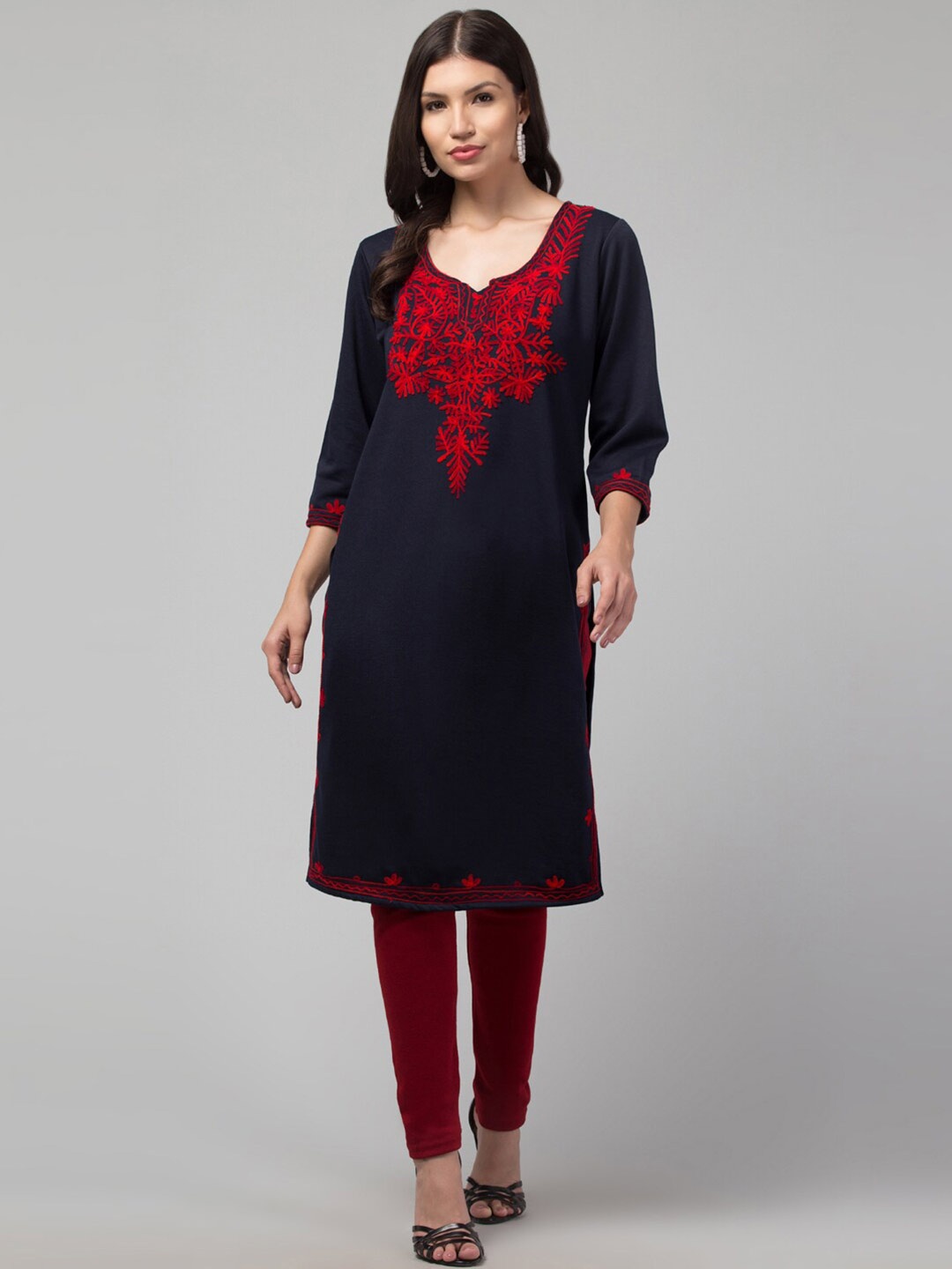 Trend Level Floral Yoke Design Round Neck Thread Work Wool Straight Kurta, Navy blue
Trend Level Floral Yoke Design Round Neck Thread Work Wool Straight Kurta, Navy blue