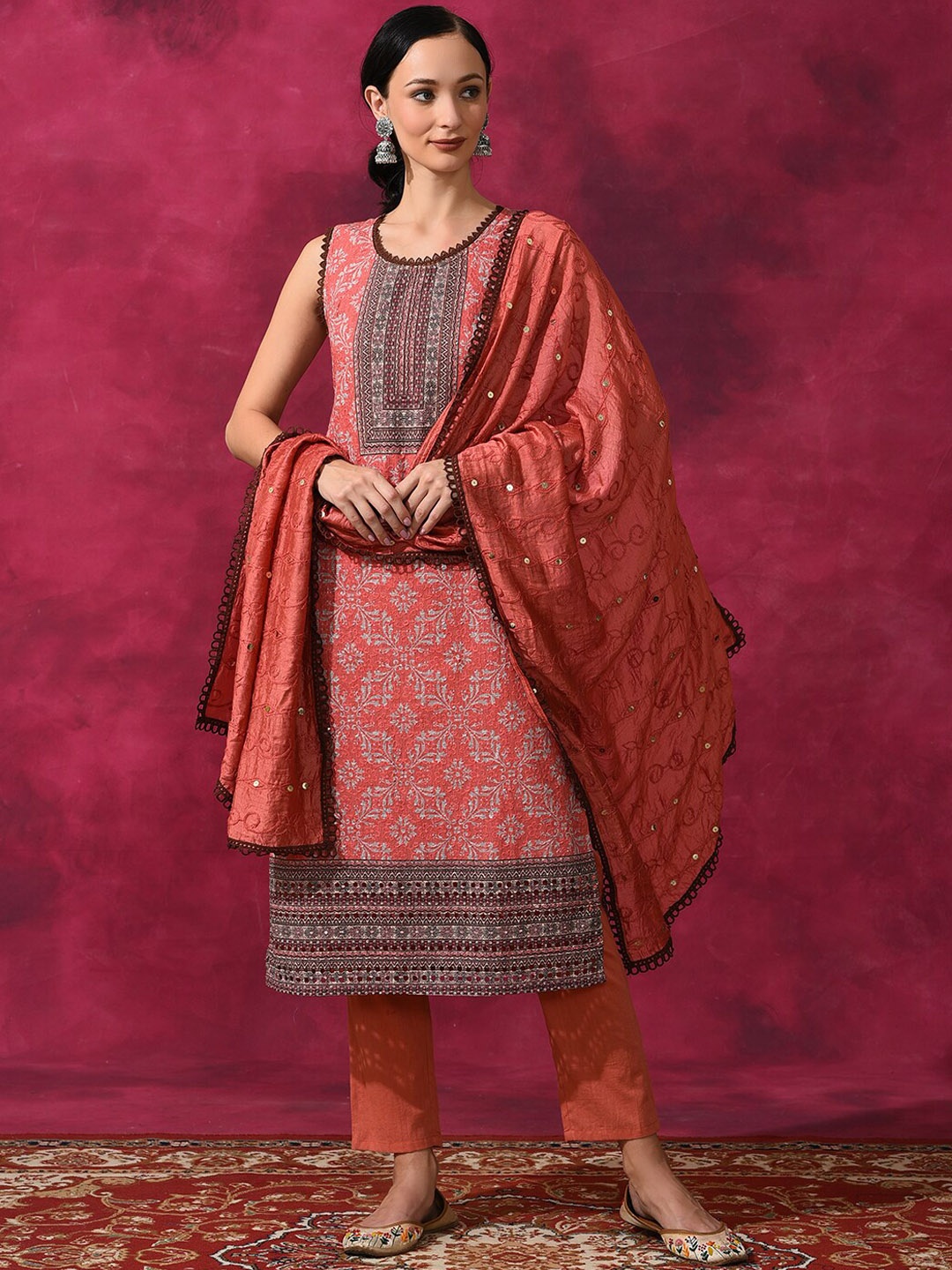 AKS Couture Ethnic Motifs Printed Sequinned Pure Cotton Kurta With Trousers & Dupatta, Orange
AKS Couture Ethnic Motifs Printed Sequinned Pure Cotton Kurta With Trousers & Dupatta, Orange