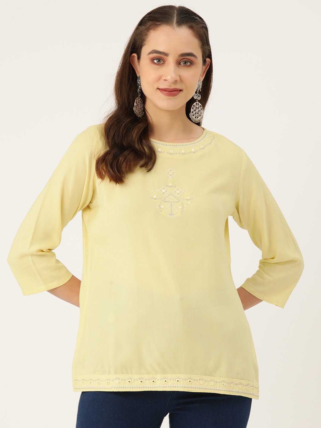Rue Collection Ethnic Motifs Embroidered Mirror Work Pure Cotton Mirror Work Kurti, Yellow
Rue Collection Ethnic Motifs Embroidered Mirror Work Pure Cotton Mirror Work Kurti, Yellow