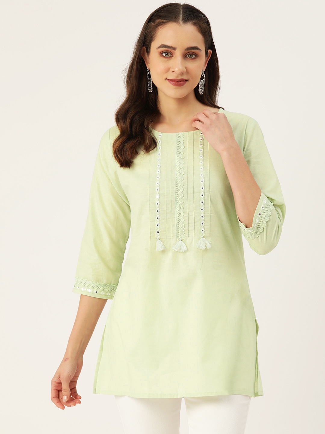 Rue Collection Yoke Design Mirror Work Pure Cotton Mirror Work Kurti, Sea green
Rue Collection Yoke Design Mirror Work Pure Cotton Mirror Work Kurti, Sea green
