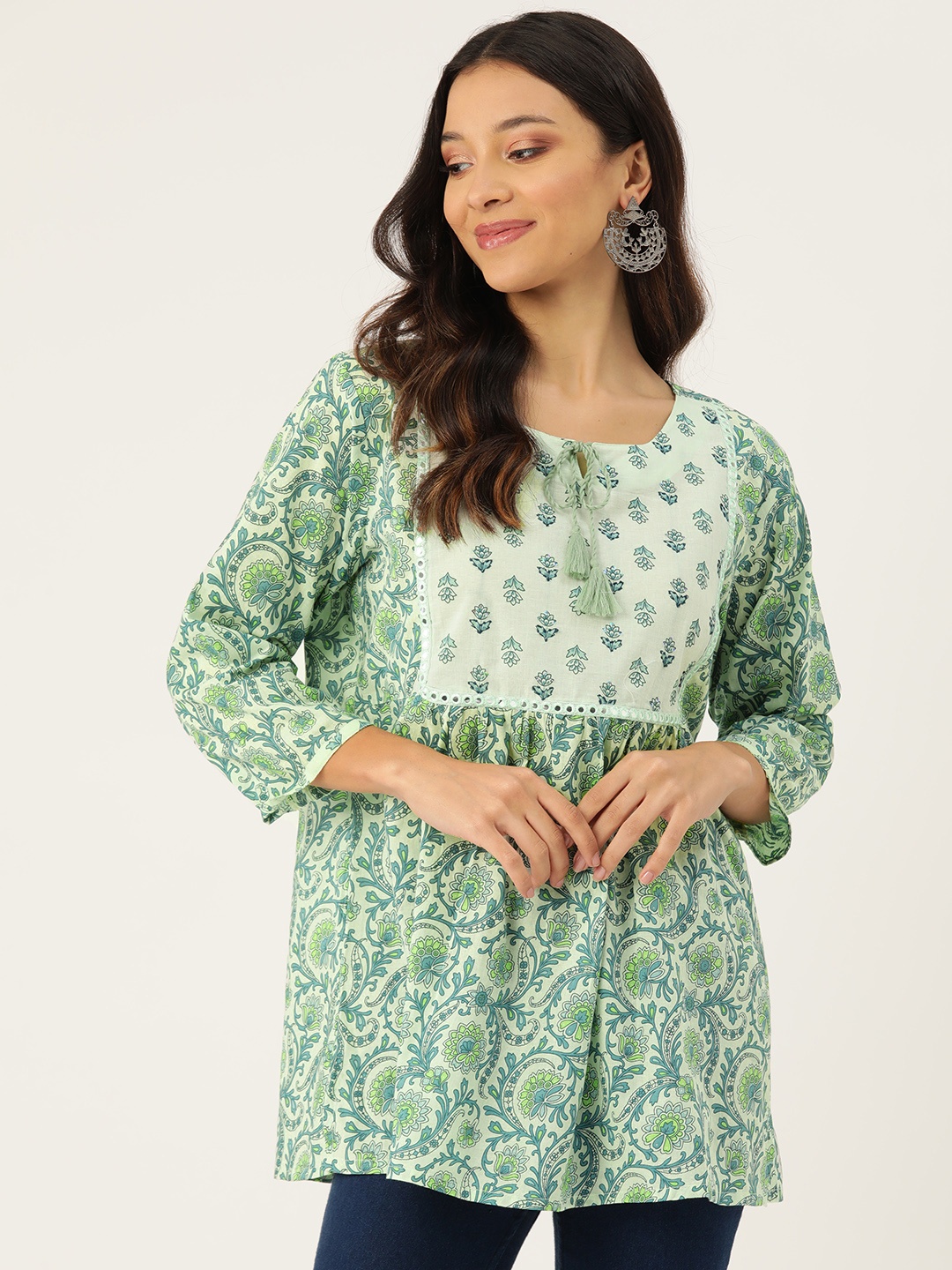 Rue Collection Ethnic Motifs Printed Mirror Work Pure Cotton Mirror Work Pleated Kurti, Green
Rue Collection Ethnic Motifs Printed Mirror Work Pure Cotton Mirror Work Pleated Kurti, Green