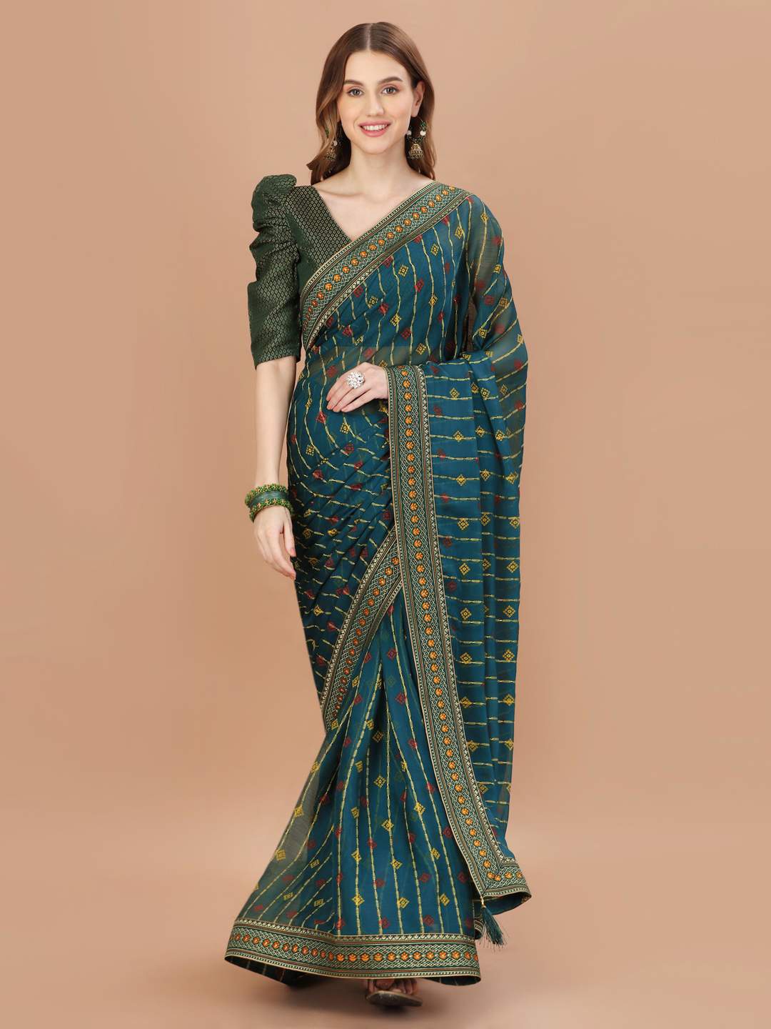 Indian Women Bandhani Woven Design Zari Pure Chiffon Saree, Blue
