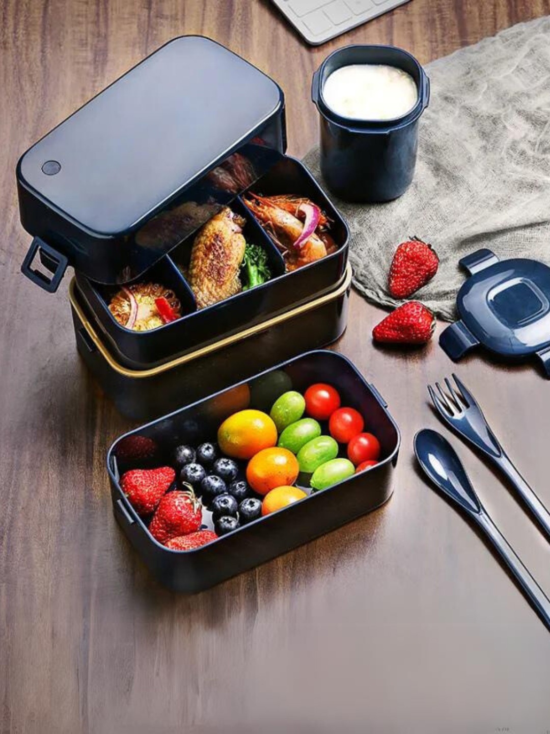 YELONA Blue Lunch Box with Cutlery Soup Pot & Bag
