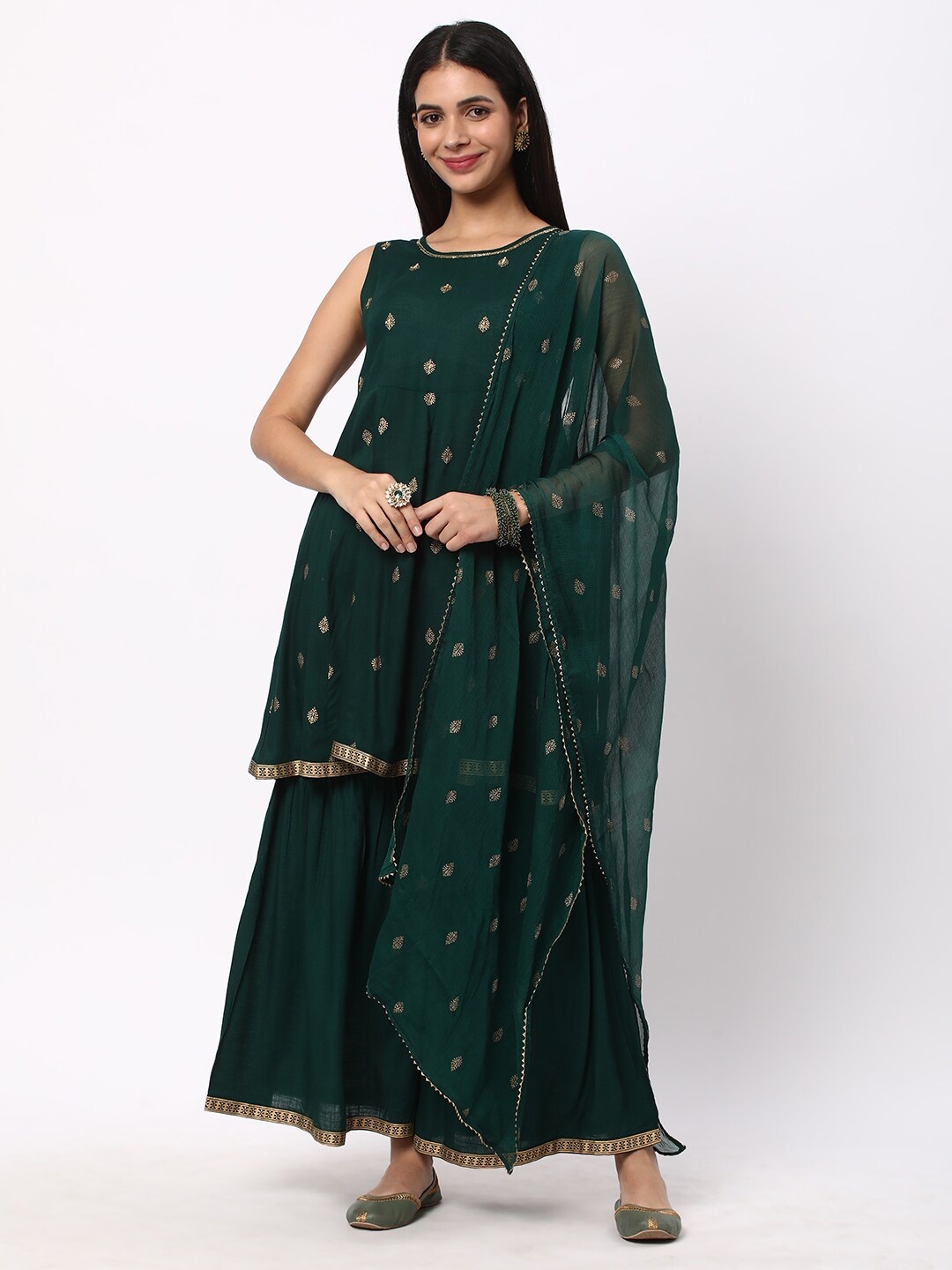 R&B Ethnic Motifs Embroidered Sleeveless A-Line Kurta & Sharara With Dupatta, Green
R&B Ethnic Motifs Embroidered Sleeveless A-Line Kurta & Sharara With Dupatta, Green
