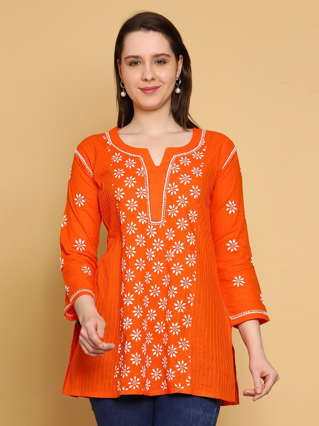 ADA Orange Floral Embroidered Thread Work Pure Cotton Thread Work Kurti