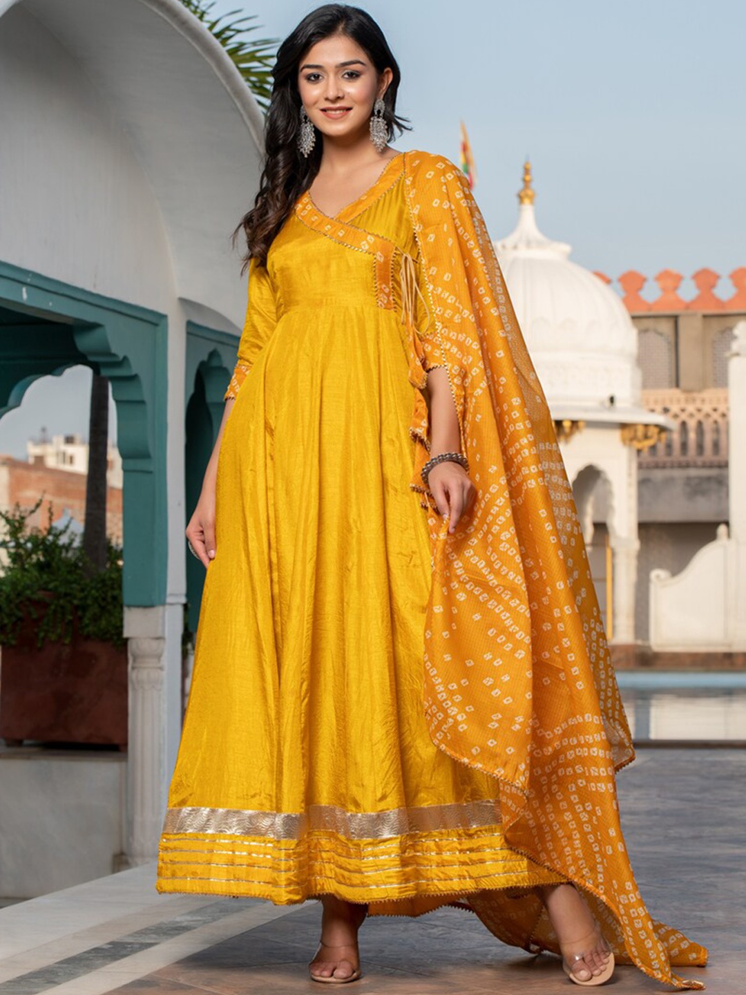 Indi INSIDE Bandhani Printed Gotta Patti Anarkali Kurta With Trousers & Dupatta, Mustard
Indi INSIDE Bandhani Printed Gotta Patti Anarkali Kurta With Trousers & Dupatta, Mustard