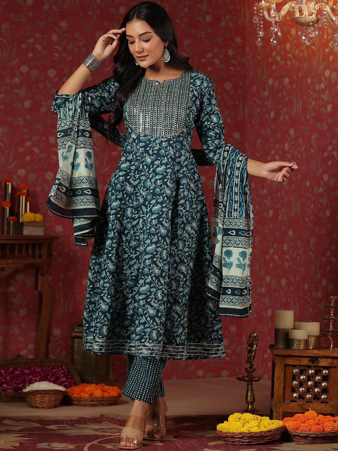 Ishin Floral Printed Sequinned Pure Cotton Anarkali Kurta With Trousers & Dupatta, Teal
Ishin Floral Printed Sequinned Pure Cotton Anarkali Kurta With Trousers & Dupatta, Teal