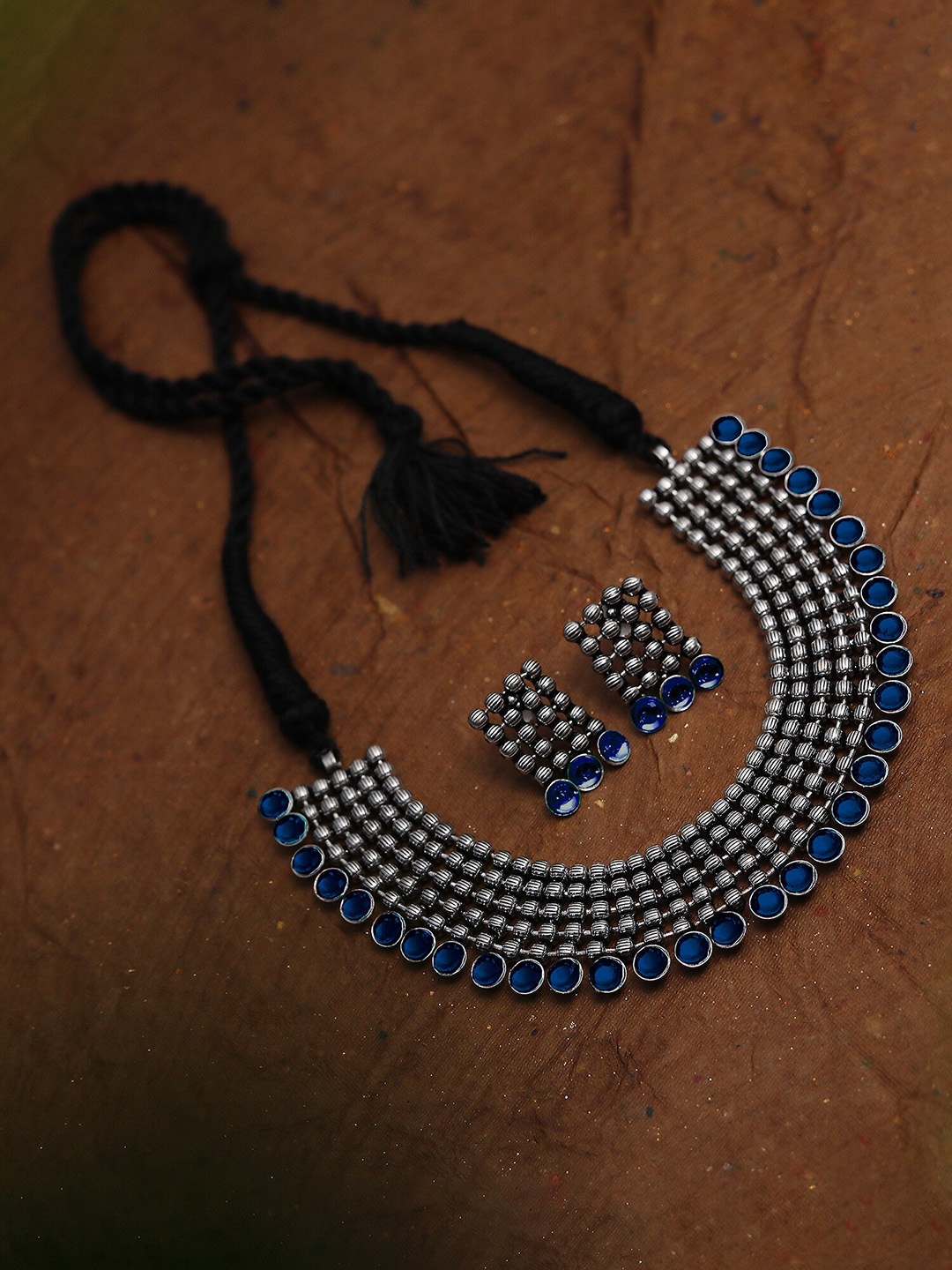 Yellow Chimes Oxidised Silver-Plated Jewellery Set, Blue