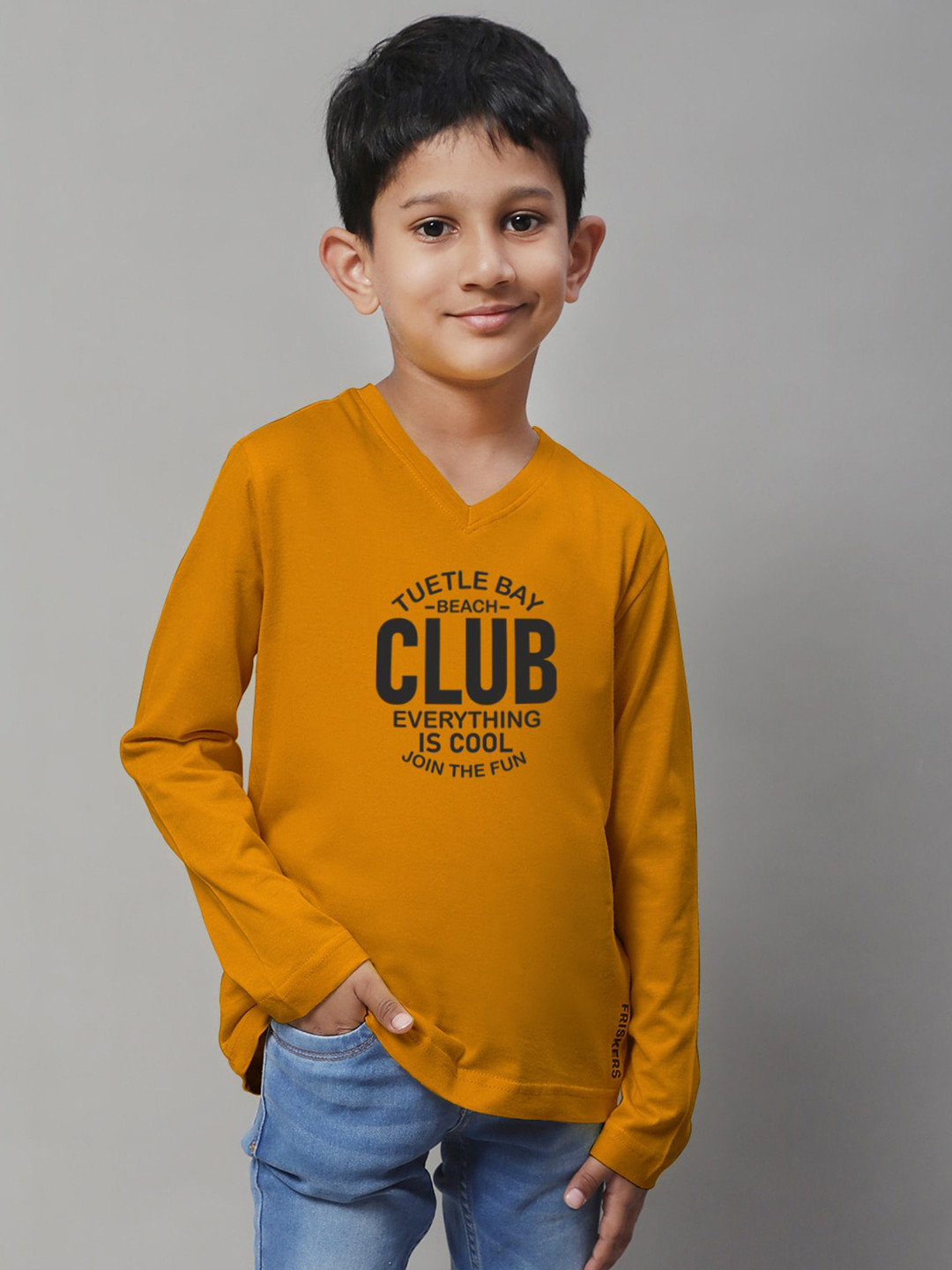 Friskers Boys Mustard Yellow Typography Printed V-Neck T-shirt
Friskers Boys Mustard Yellow Typography Printed V-Neck T-shirt