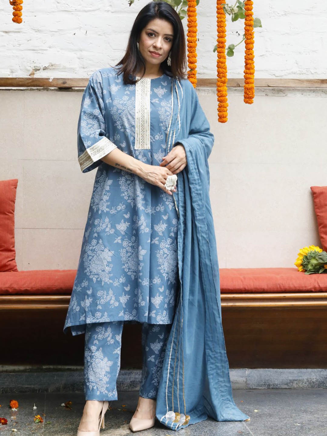 FABNEST Floral Printed Gotta Patti Pure Cotton A Line Kurta With Trousers & Dupatta, Blue
FABNEST Floral Printed Gotta Patti Pure Cotton A Line Kurta With Trousers & Dupatta, Blue