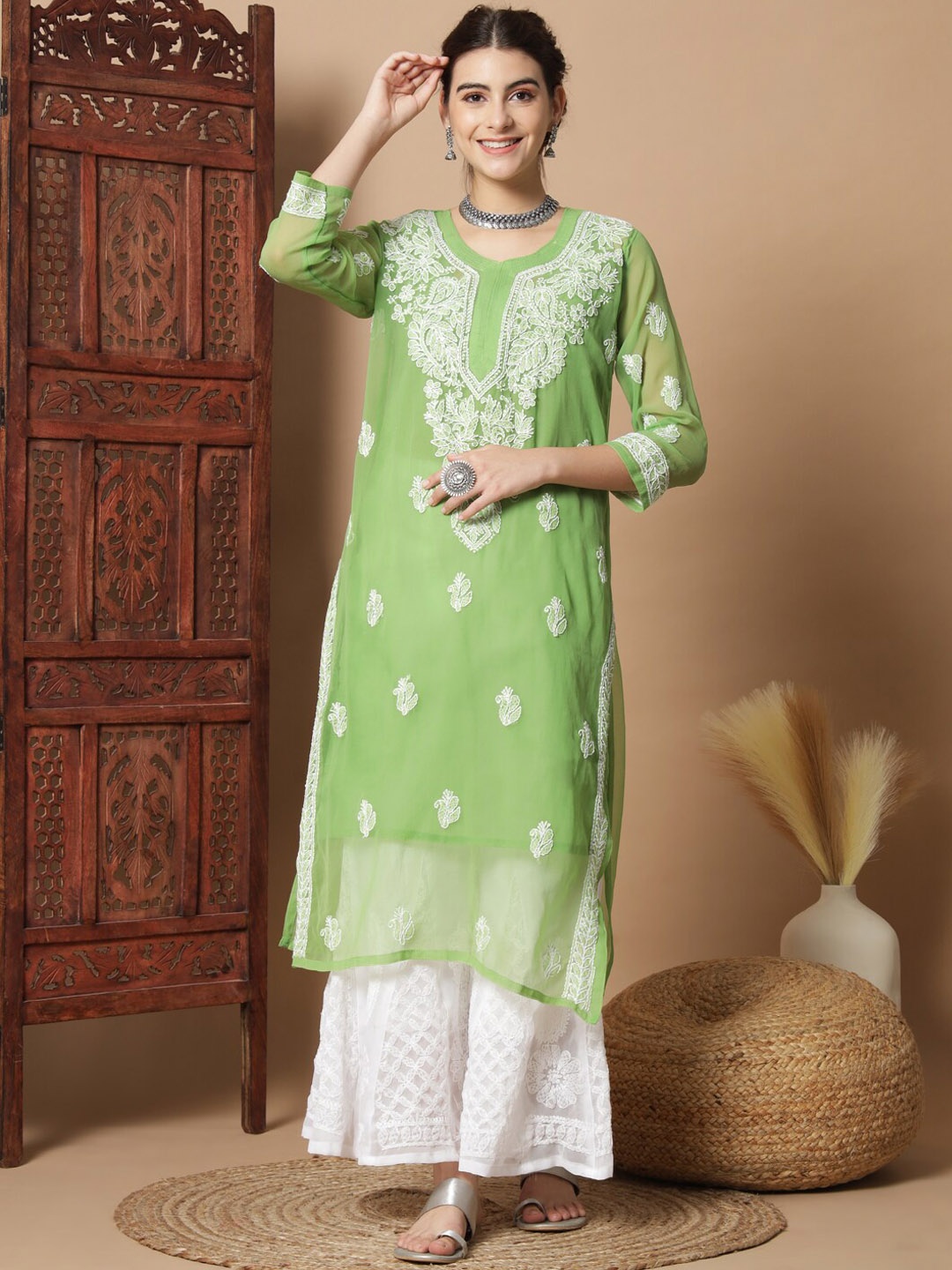 Ethnava Ethnic Motifs Embroidered Regular Georgette Chikankari Kurta & Sharara With Slip, Green
Ethnava Ethnic Motifs Embroidered Regular Georgette Chikankari Kurta & Sharara With Slip, Green