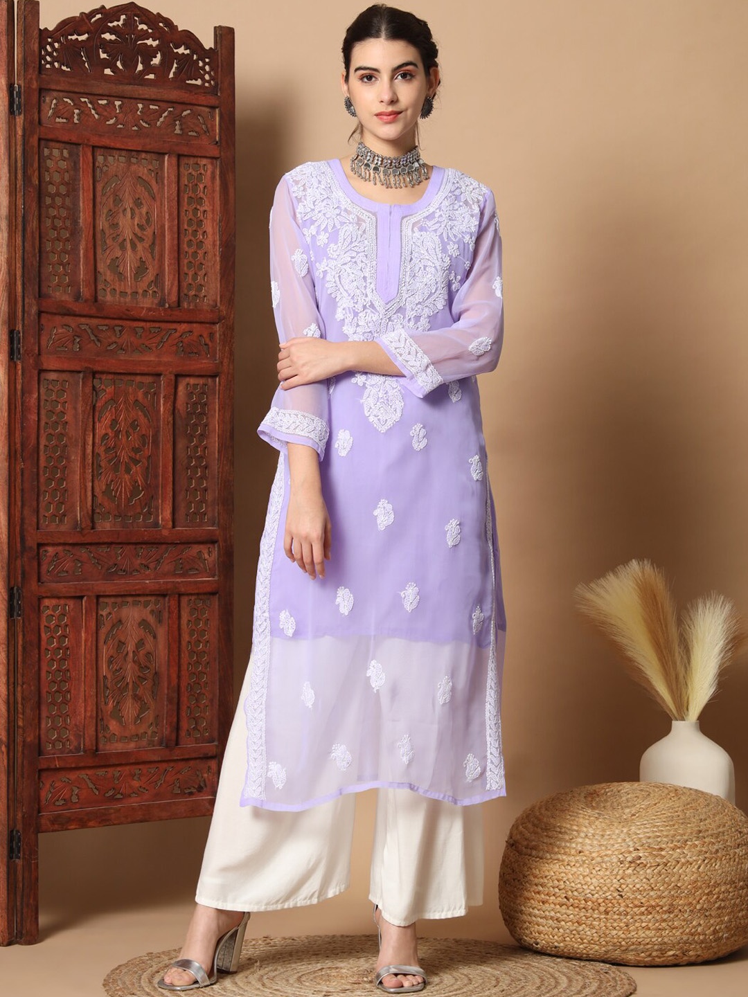 Ethnava Ethnic Motifs Embroidered Regular Georgette Chikankari Kurta & Palazzo With Slip, Purple
Ethnava Ethnic Motifs Embroidered Regular Georgette Chikankari Kurta & Palazzo With Slip, Purple