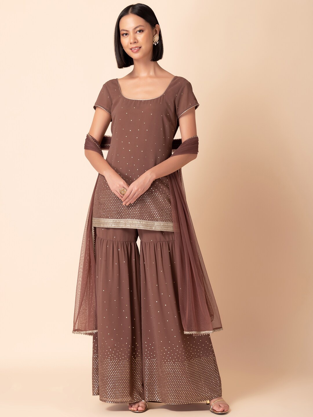 INDYA Geometric Foil Printed Gotta Patti details Kurta With Sharara And Dupatta, Pink
INDYA Geometric Foil Printed Gotta Patti details Kurta With Sharara And Dupatta, Pink